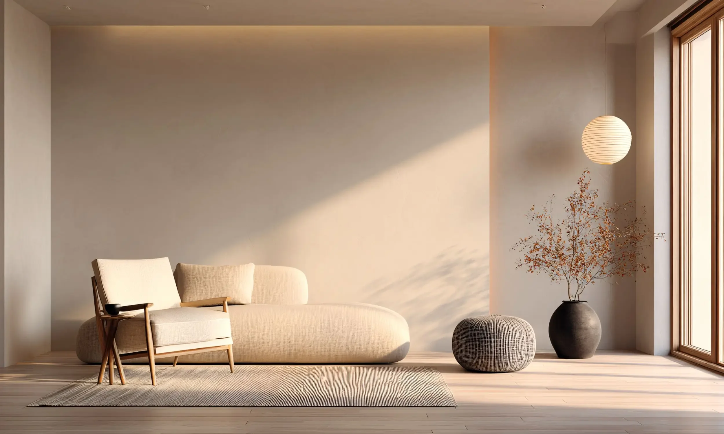 Minimalist living room interior, with natural light, with neutral coloured sofa and chair, representing a calm, grounded space for overwhelmed and stressed professionals seeking cognitive clarity.
