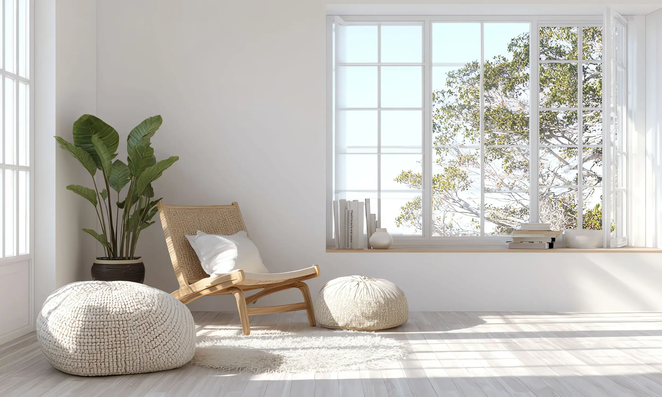 Minimalist corner with a natural chair and a window with books. A therapy space representing a calm, secure environment for an initial professional consultation.