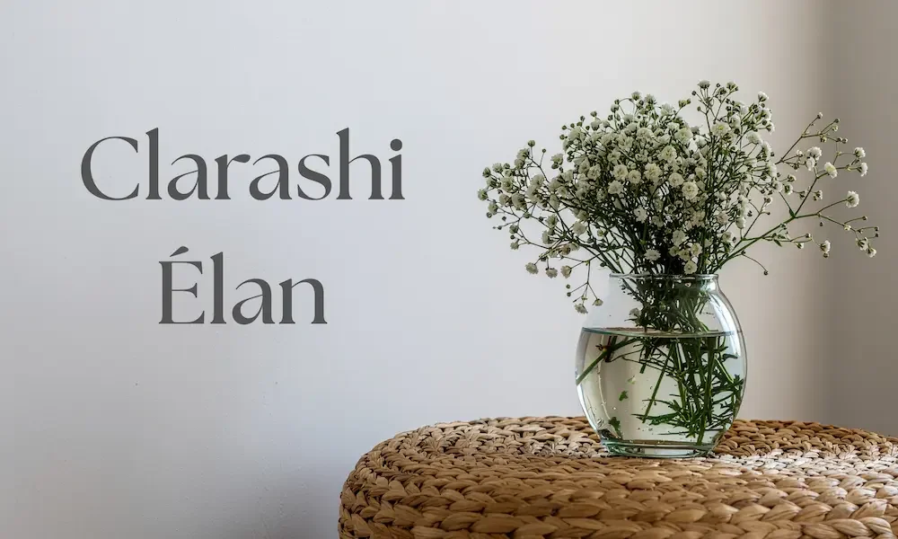 A glass vase of delicate white gypsophila on a woven rattan surface, representing Clarashi Élan, a ten-week private support programme for professionals experiencing overwhelm, burnout, and self-doubt.