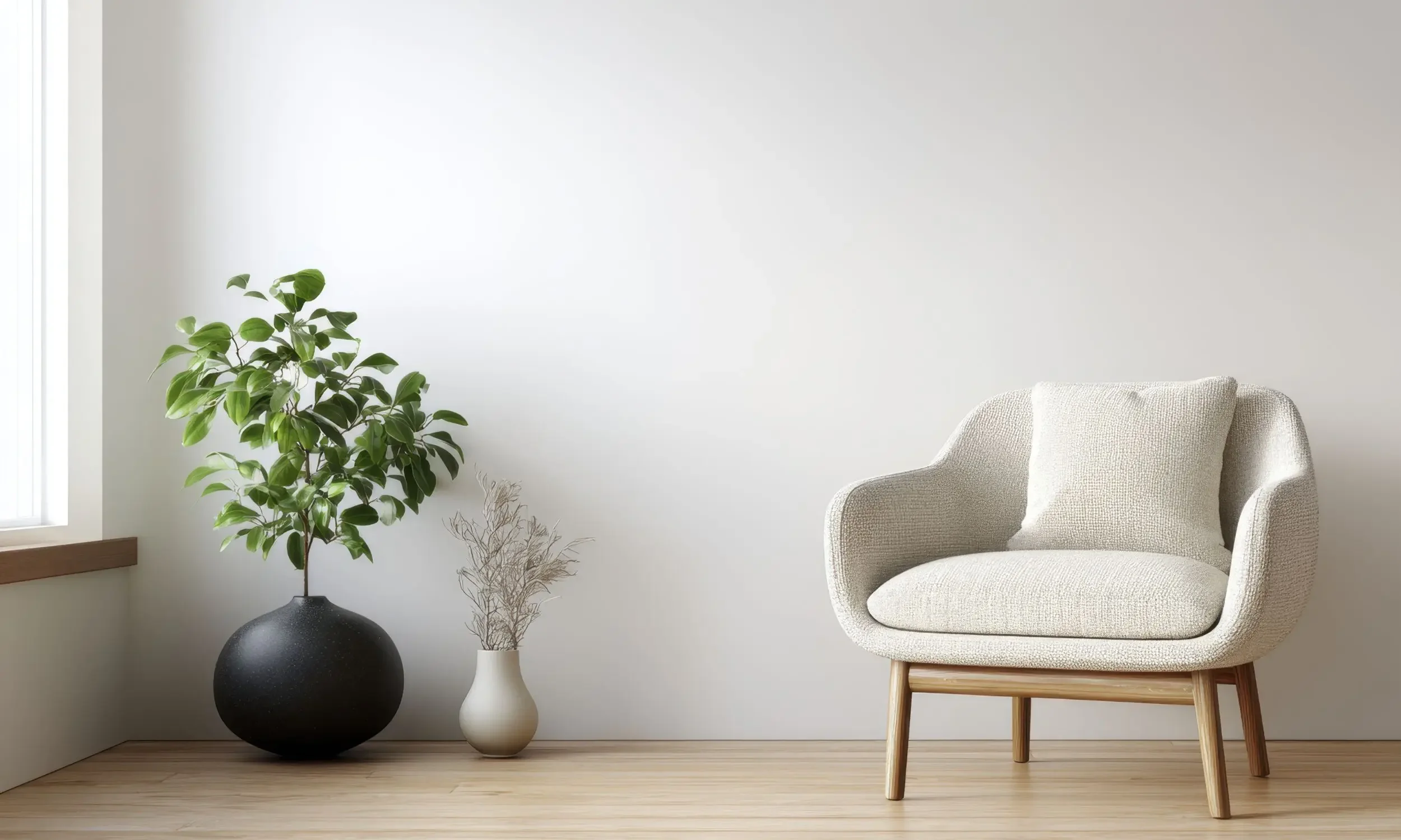 Minimalist living room corner with a beige armchair, a large green houseplant in a black vase, a smaller white vase with dried branches, on a light wooden floor against a white wall symbolising grounding and cognitive behavioural hypnotherapy.