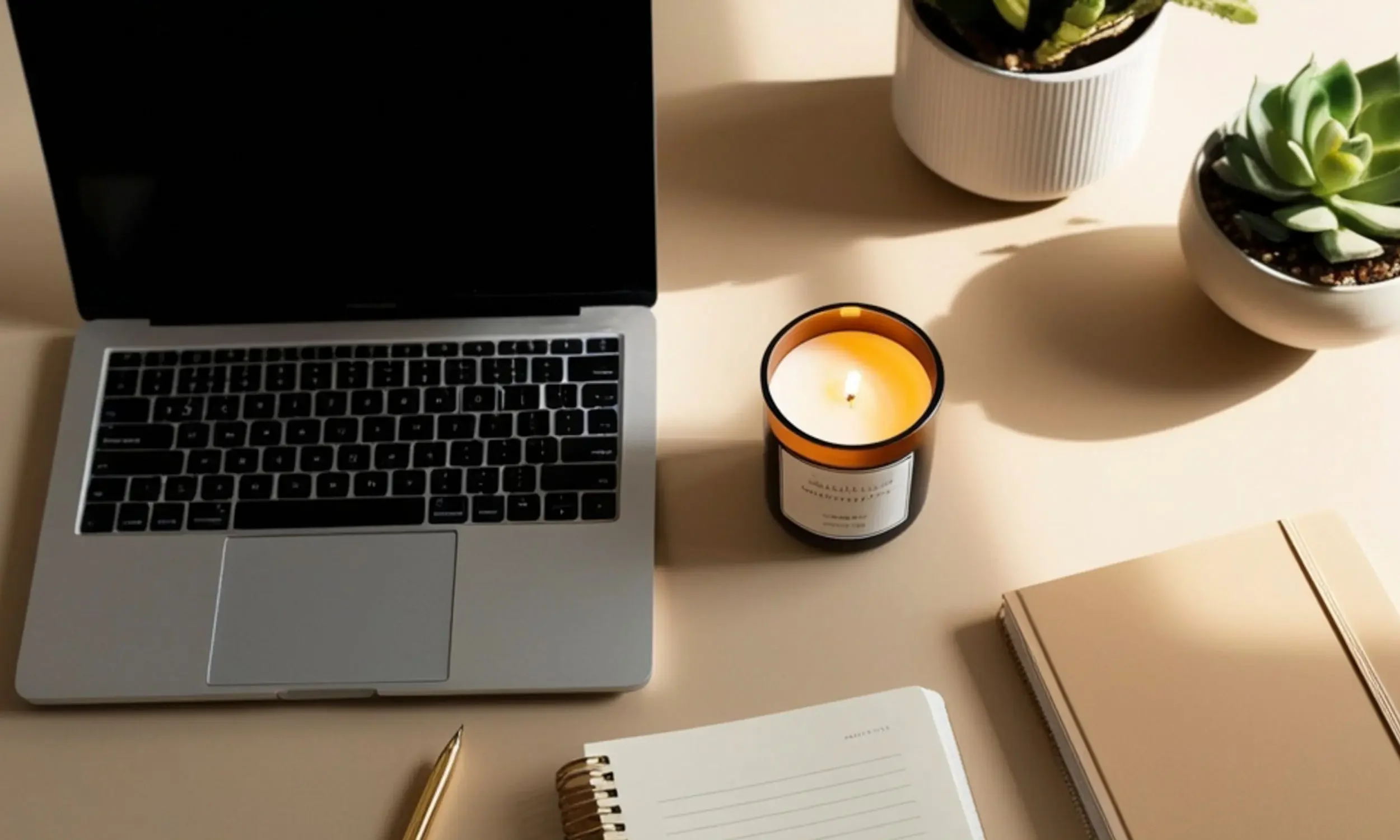 A workspace with an open laptop, a lit candle, two potted succulents, and a beige notebook with an attached pen on a light-colored desk representing a calm workplace scene for professionals navigating high-functioning anxiety and executive stress.
