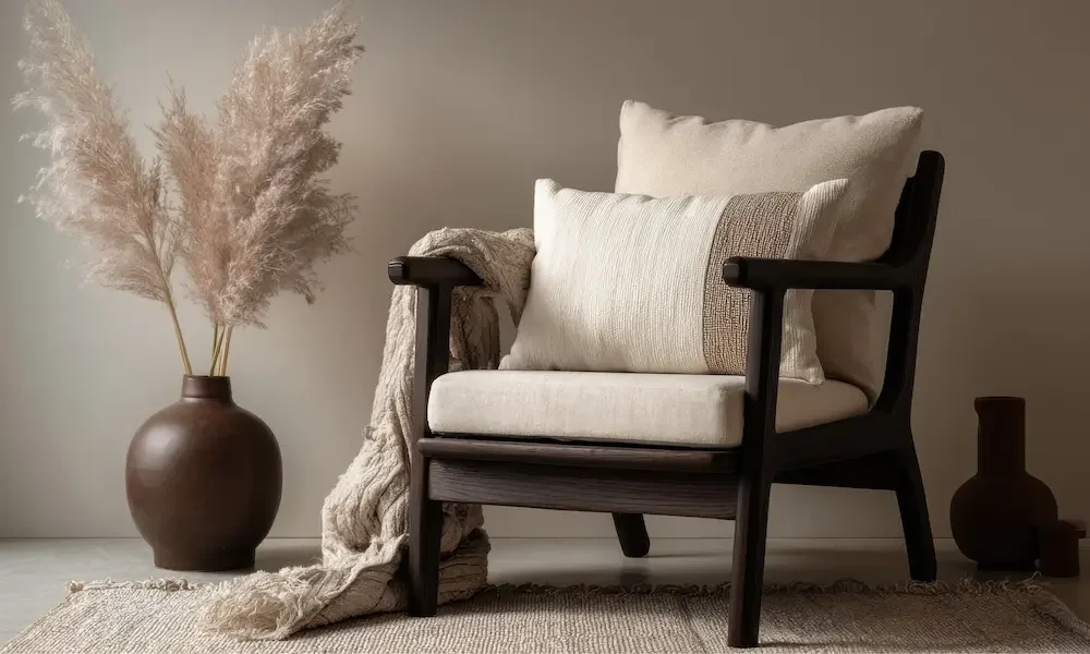 Softly lit calming interior with neutral armchair and cream cushions representing a reflective therapeutic space.