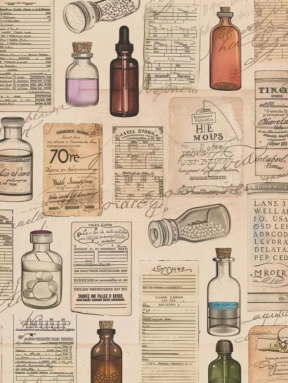 Collection of vintage medicine bottles, handwritten notes, and prescription papers arranged on a background.