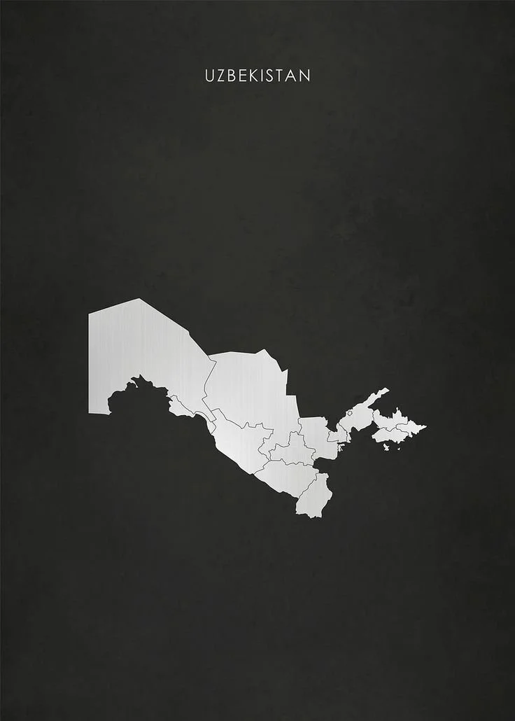 Outline map of Uzbekistan with its regions bordering a dark background, labeled 'UZBEKISTAN' at the top.