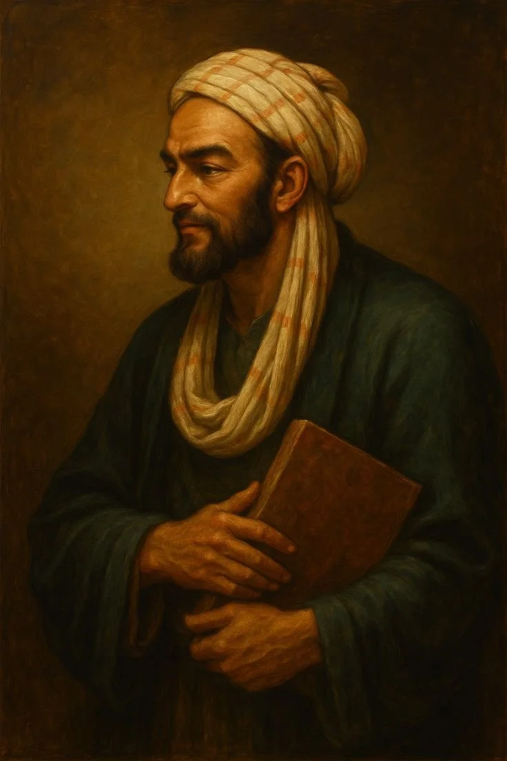 A painted portrait of a bearded man wearing a traditional headscarf, holding a book, with a contemplative expression, set against a plain background.
