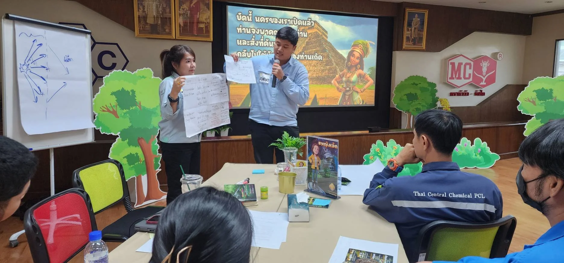 A group of people in a meeting room, with two individuals standing at the front holding posters and speaking to the audience. The room has a whiteboard, potted plants, and a large screen displaying a presentation in the background. The audience is seated, paying attention to the presenters.