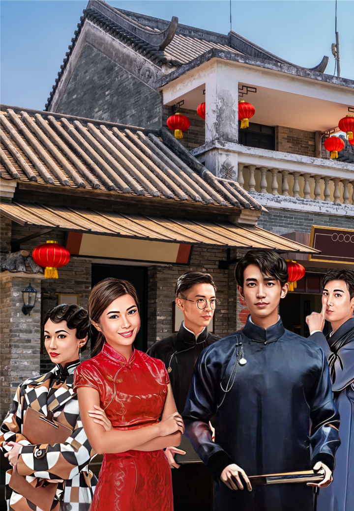 A group of five Asian people dressed in traditional Chinese clothing standing in front of a building decorated with red lanterns, with an old-style Chinese architectural background.