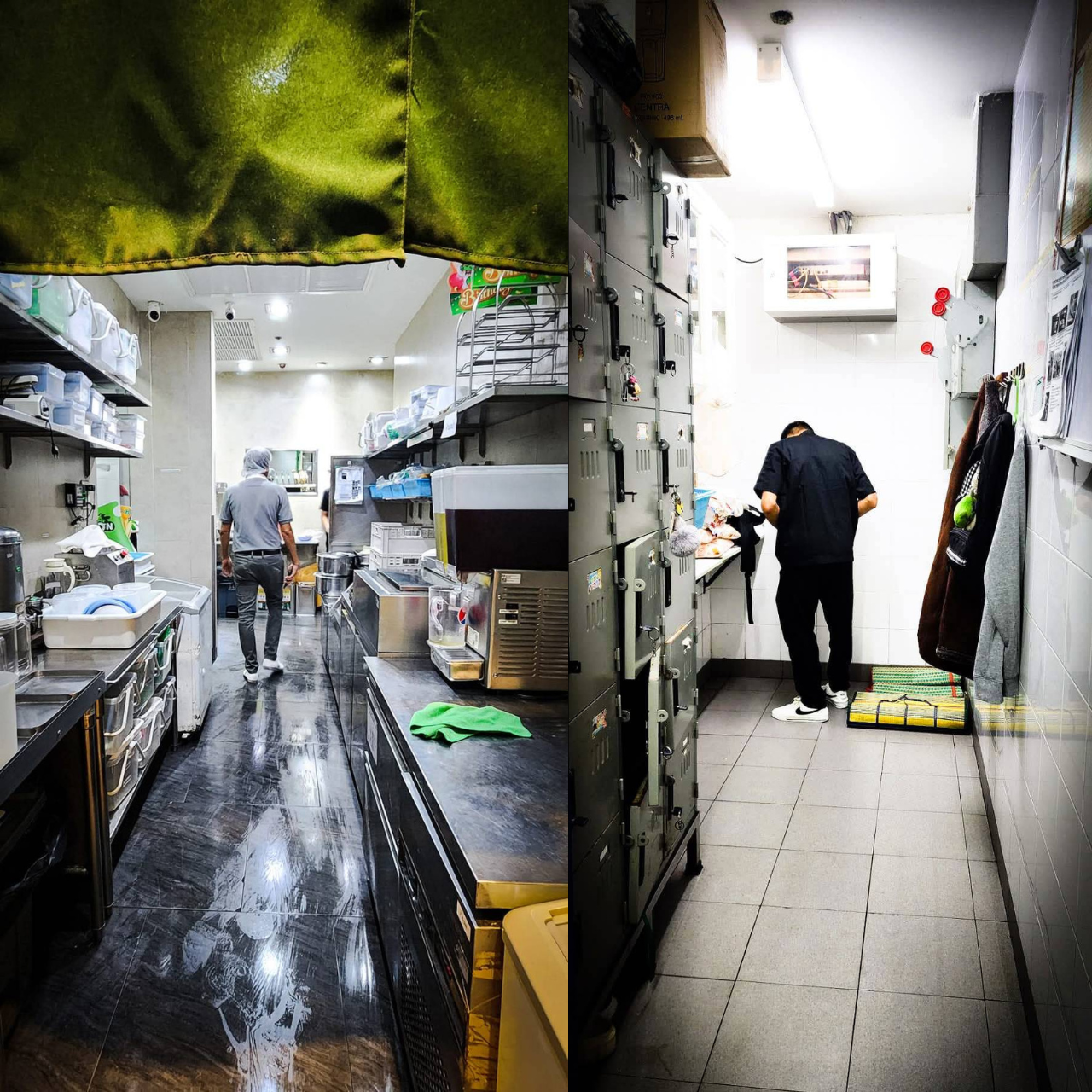 Split image showing two kitchen or restaurant work areas. Left side features a clean, modern kitchen with a person walking away, shelves with supplies, and wet floor reflections. Right side depicts a smaller, cluttered staff room or storage area with a person working at a counter, lockers, and various items hanging or stacked around.