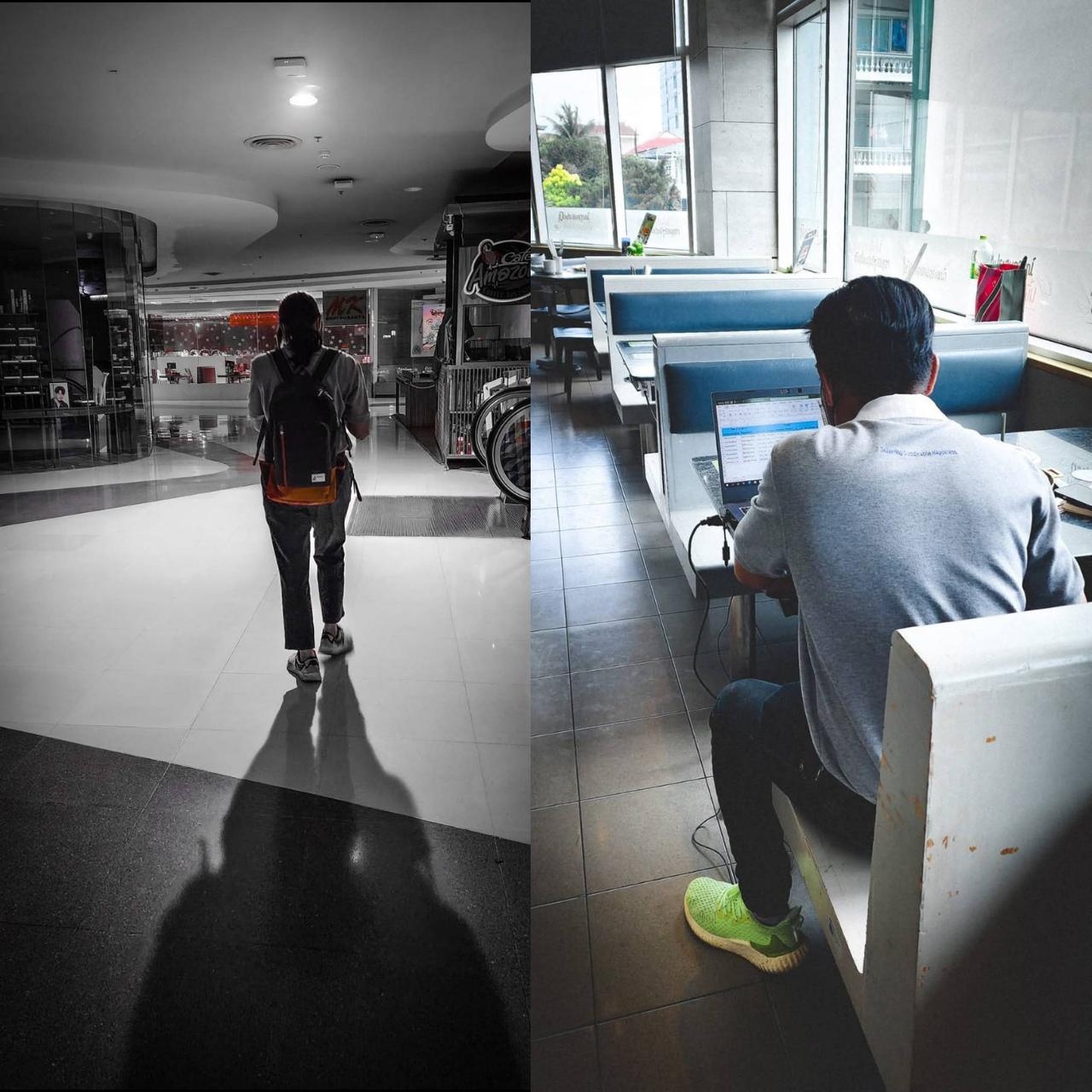 Side-by-side images: left shows a person walking in a shopping mall corridor with a backpack, casting a shadow on the floor, and storefronts in the background; right shows a man sitting at a table in a cafe or restaurant with large windows, working on a laptop, wearing bright green shoes.