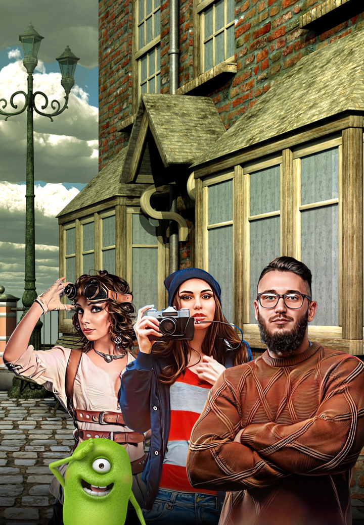 Three young adults posing in front of a brick building with large windows and a cobblestone street, accompanied by a green cartoon monster with a single eye, on an overcast day.