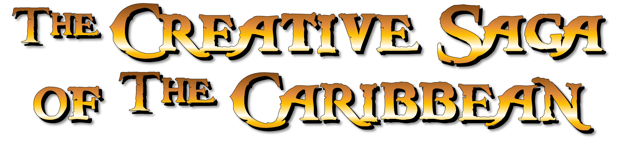 Logo of the creative saga of the Caribbean with stylized text in a gradient of orange and white on a black background.
