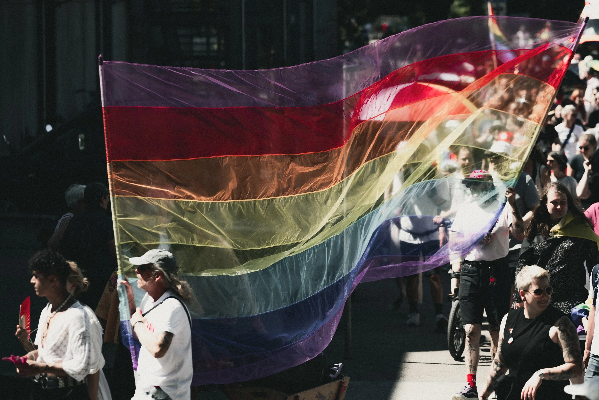 Menschen bei einer Demonstration mit einer großen, farbigen Regenbogenfahne.