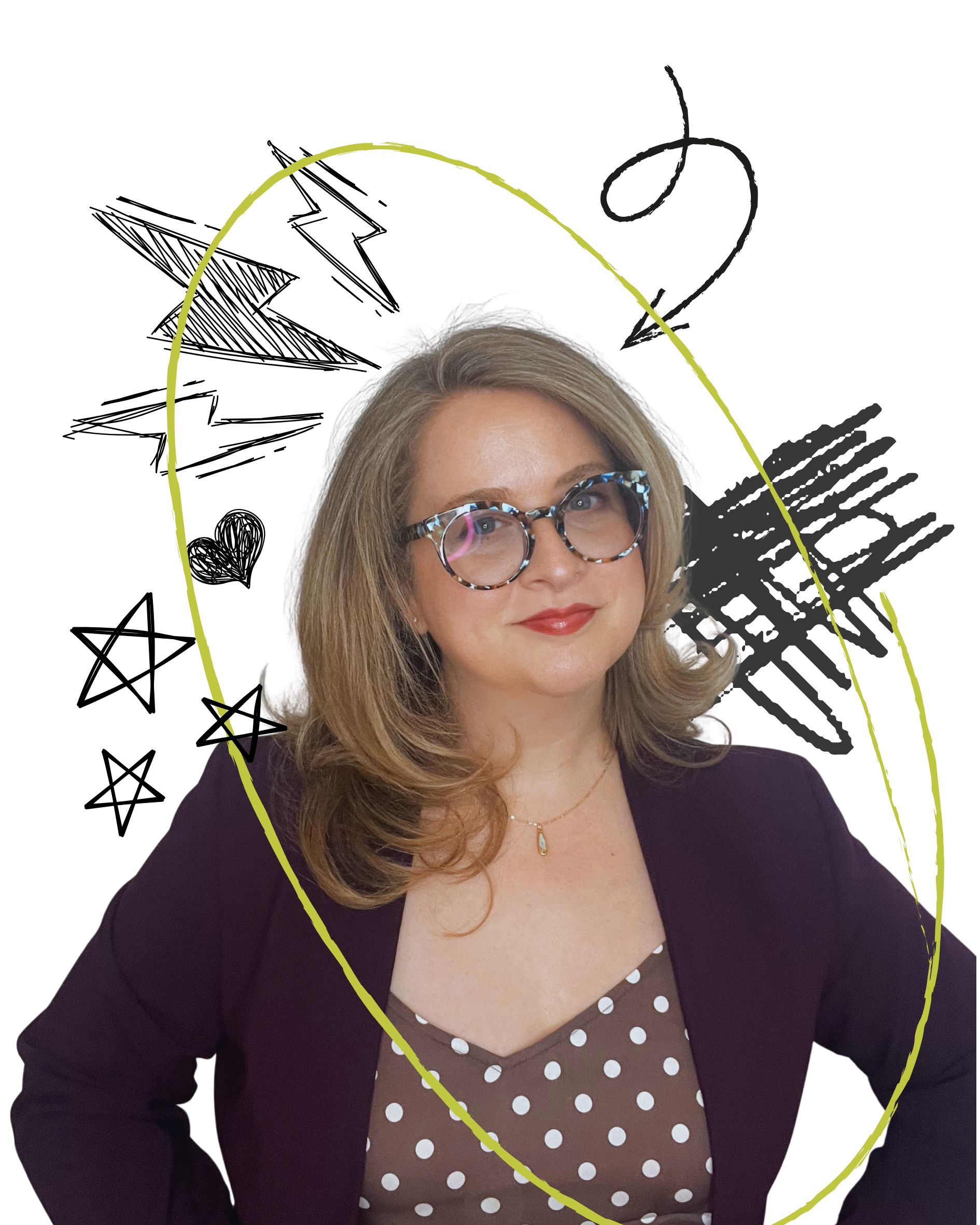 A woman with blonde hair, wearing glasses with tortoiseshell frames, a purple blazer, and a polka dot dress, smiling in a professional setting.