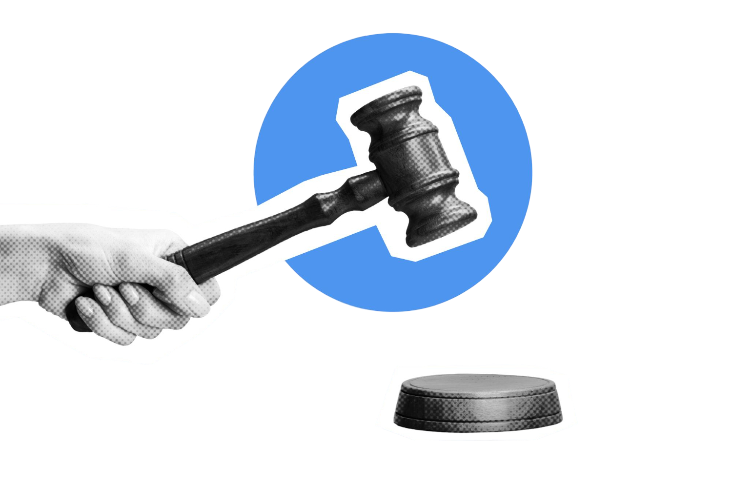 A hand holding a judge's gavel above a sound block, with a blue circular background.