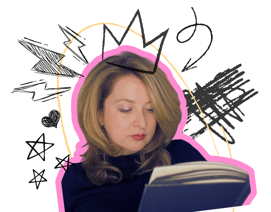 A woman with shoulder-length blonde hair, wearing a black top, reading a book.