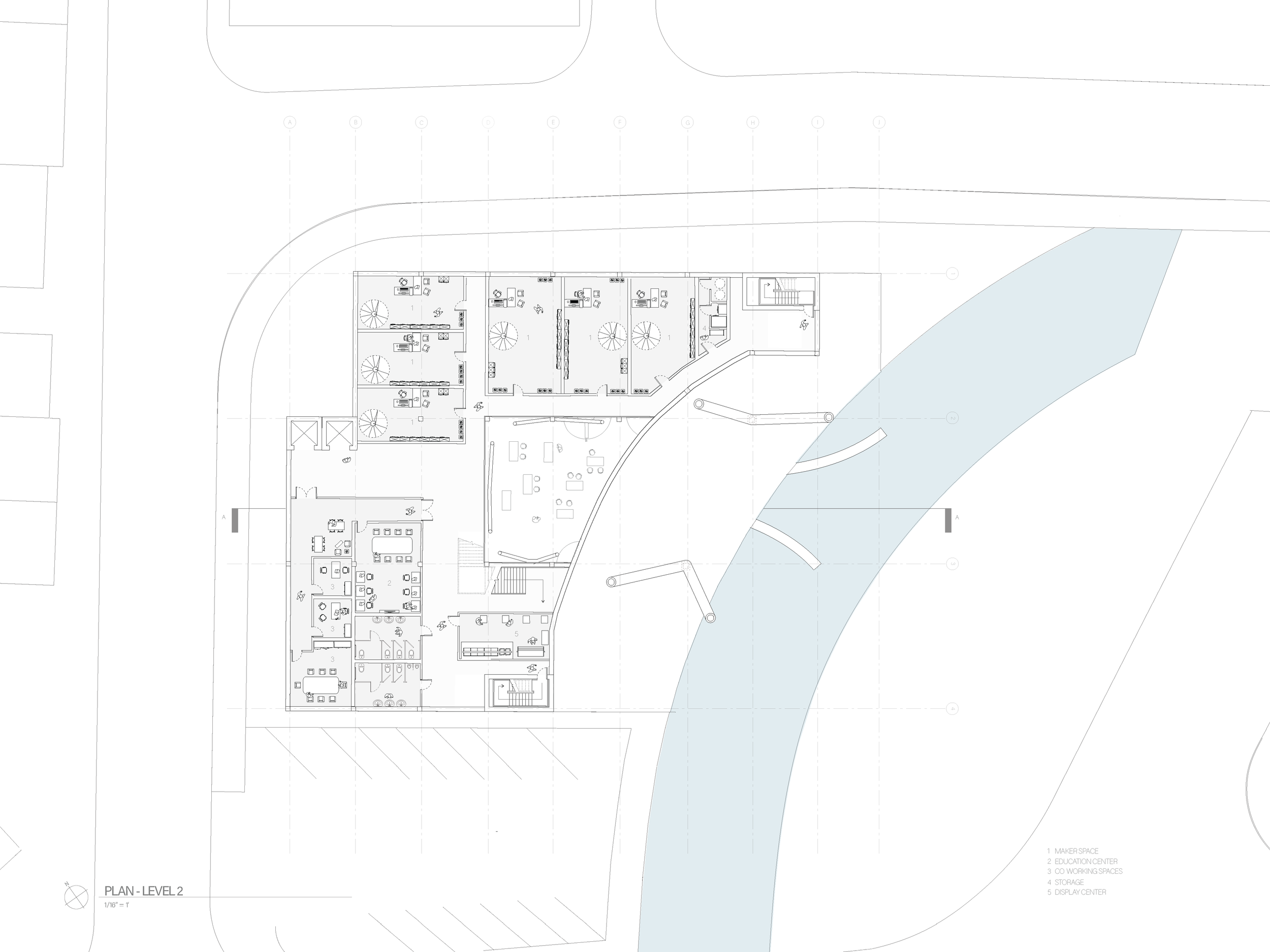 Level 01:    
Hemp-focused retail spaces showcasing artisan products, a coffee shop serving as a communal hub, and offices supporting 
the building’s operations.