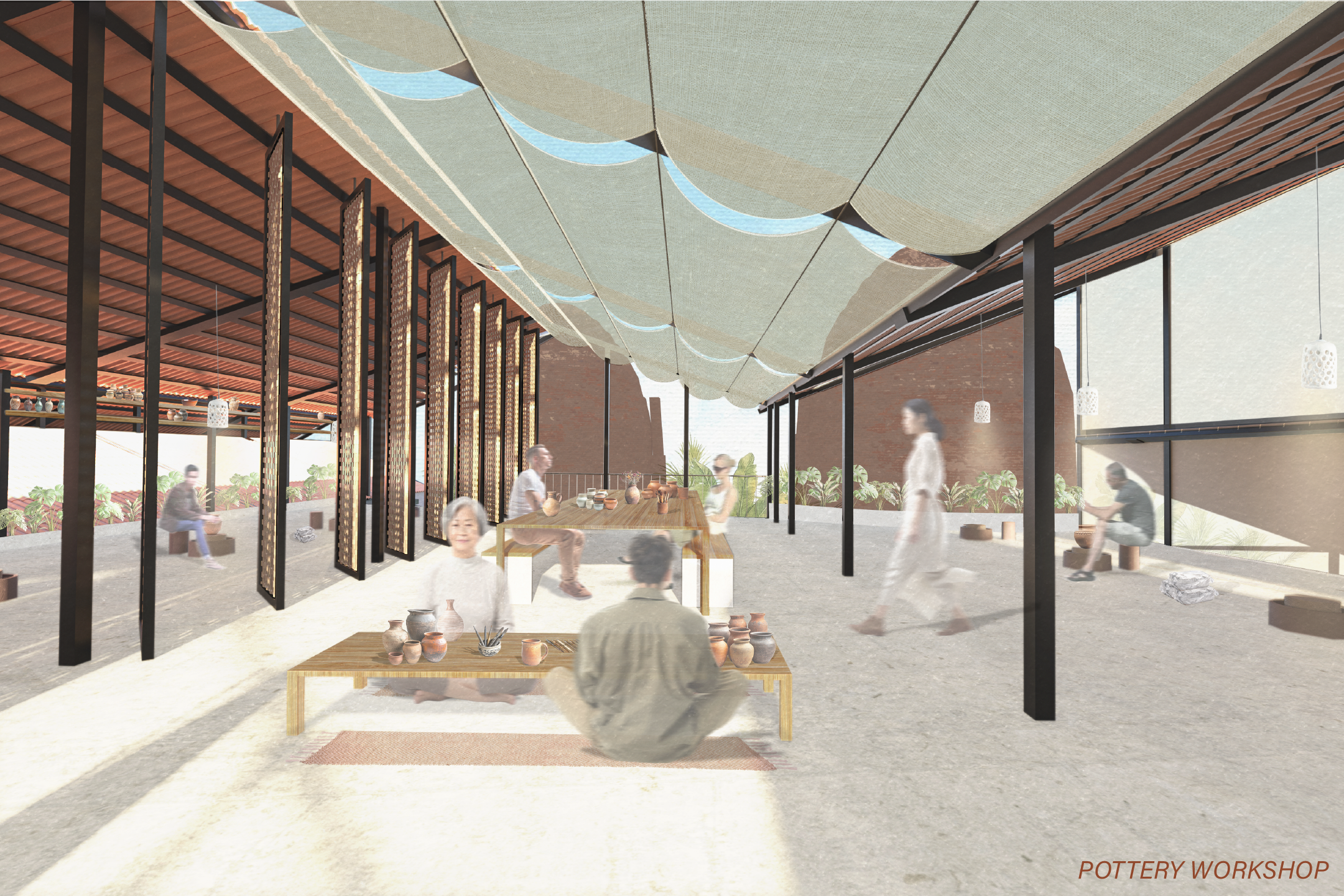 Pottery Warehouse:

A repurposed upper-level warehouse that serves as a hands-on pottery workshop where local artisans teach traditional clay techniques. Designed for interaction, the space features both raised and floor-level community tables, open-