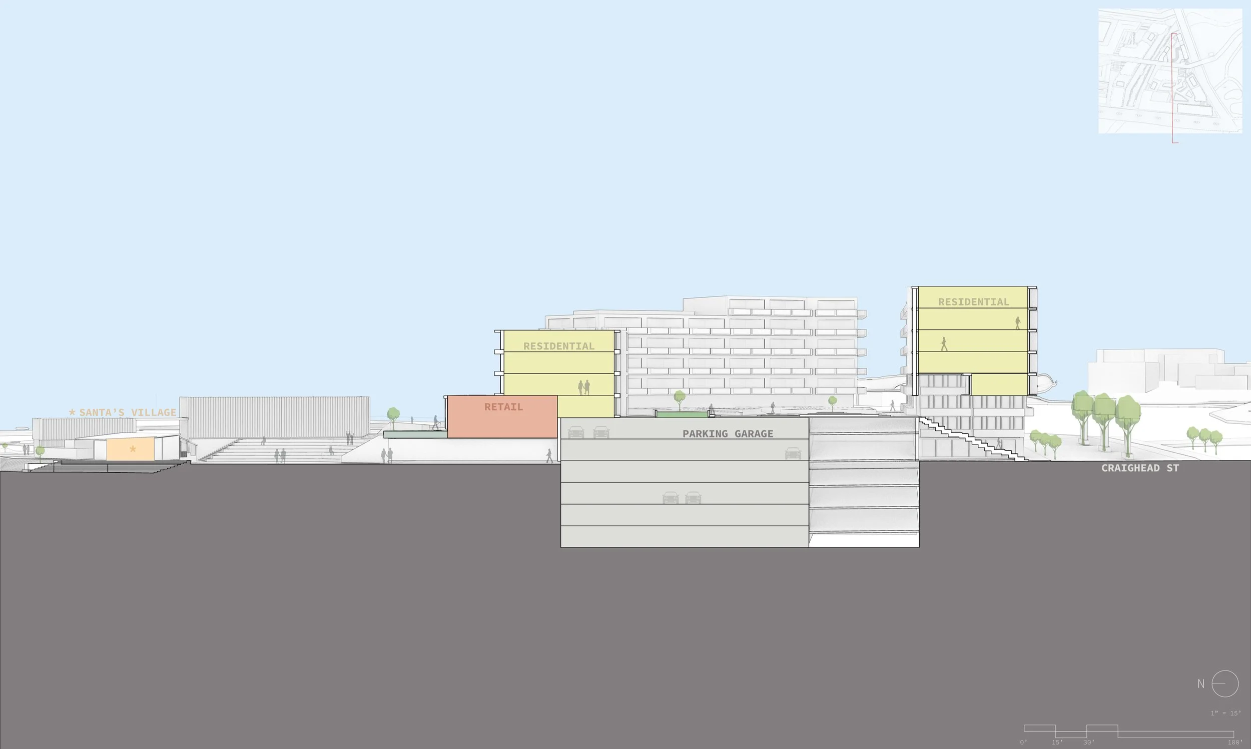 The Greenway extension bridges over Bransford Avenue and gently rises toward the community district, providing pedestrians with an uninterrupted, seamless journey. Beneath the elevated Greenway, a pedestrian path connects the parking garage, the Cree