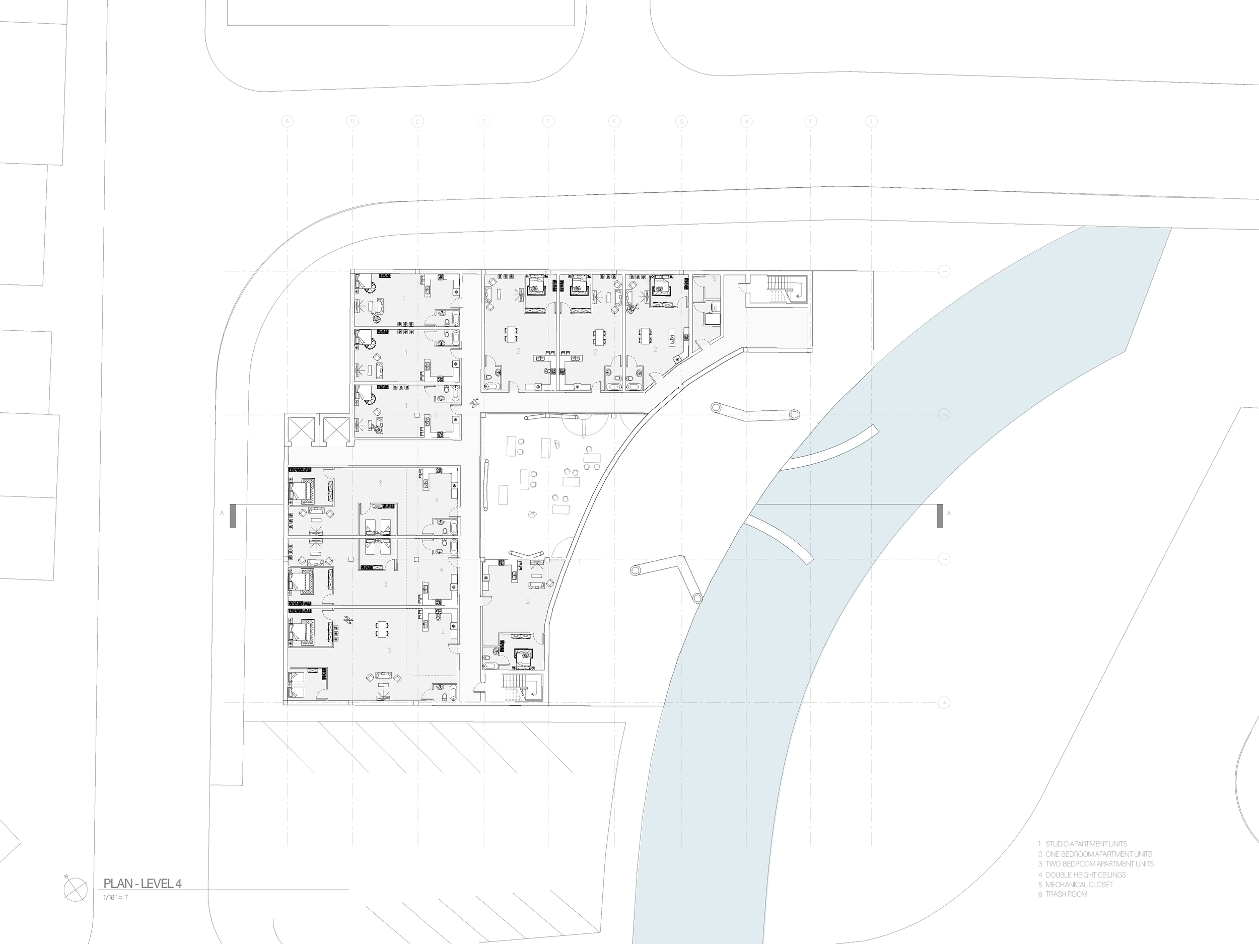 Level 04:
Three studios, four one-bedroom units, and three two-bedroom units.
