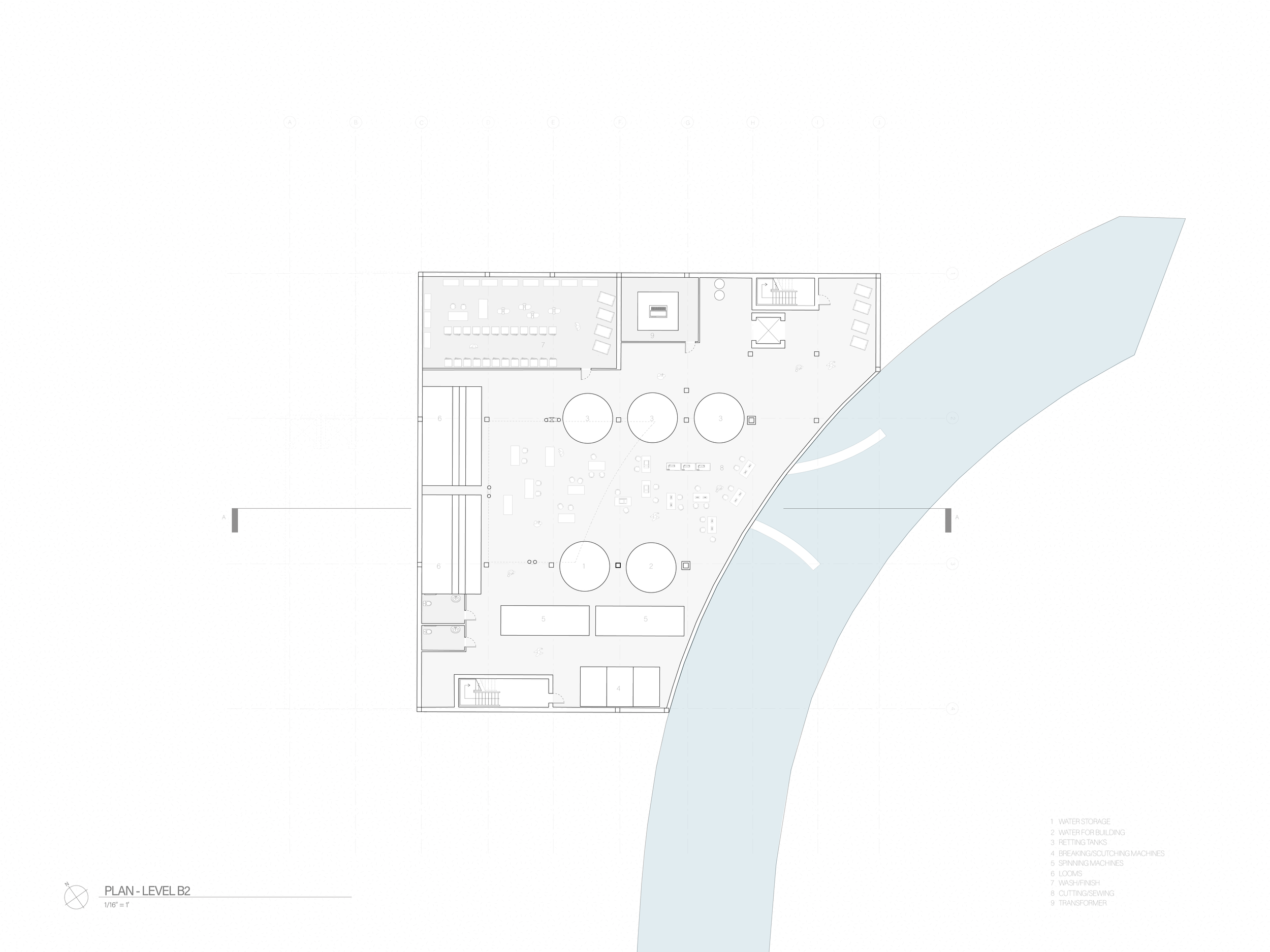 Basement Level 01: 
A hemp fabric production facility uses cistern water for machinery and fabrication. Artisans create products sold in the 
retail spaces above.
