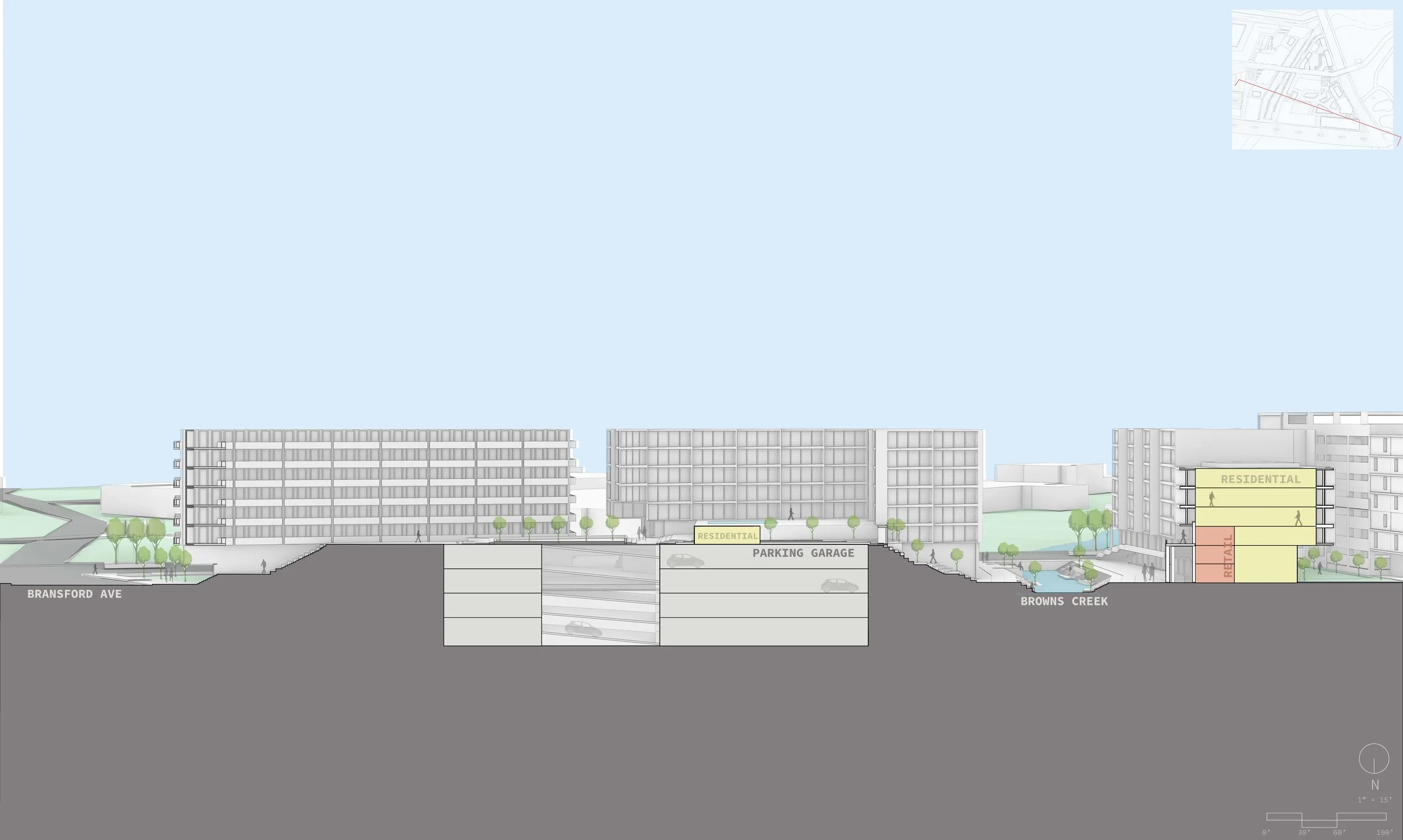 A six-level parking garage sits beneath the plaza, featuring two entrances: a private valet entrance on Bransford Avenue and a public entrance on Craighead Street. Two levels are reserved for retail parking, while the remaining four serve the residen