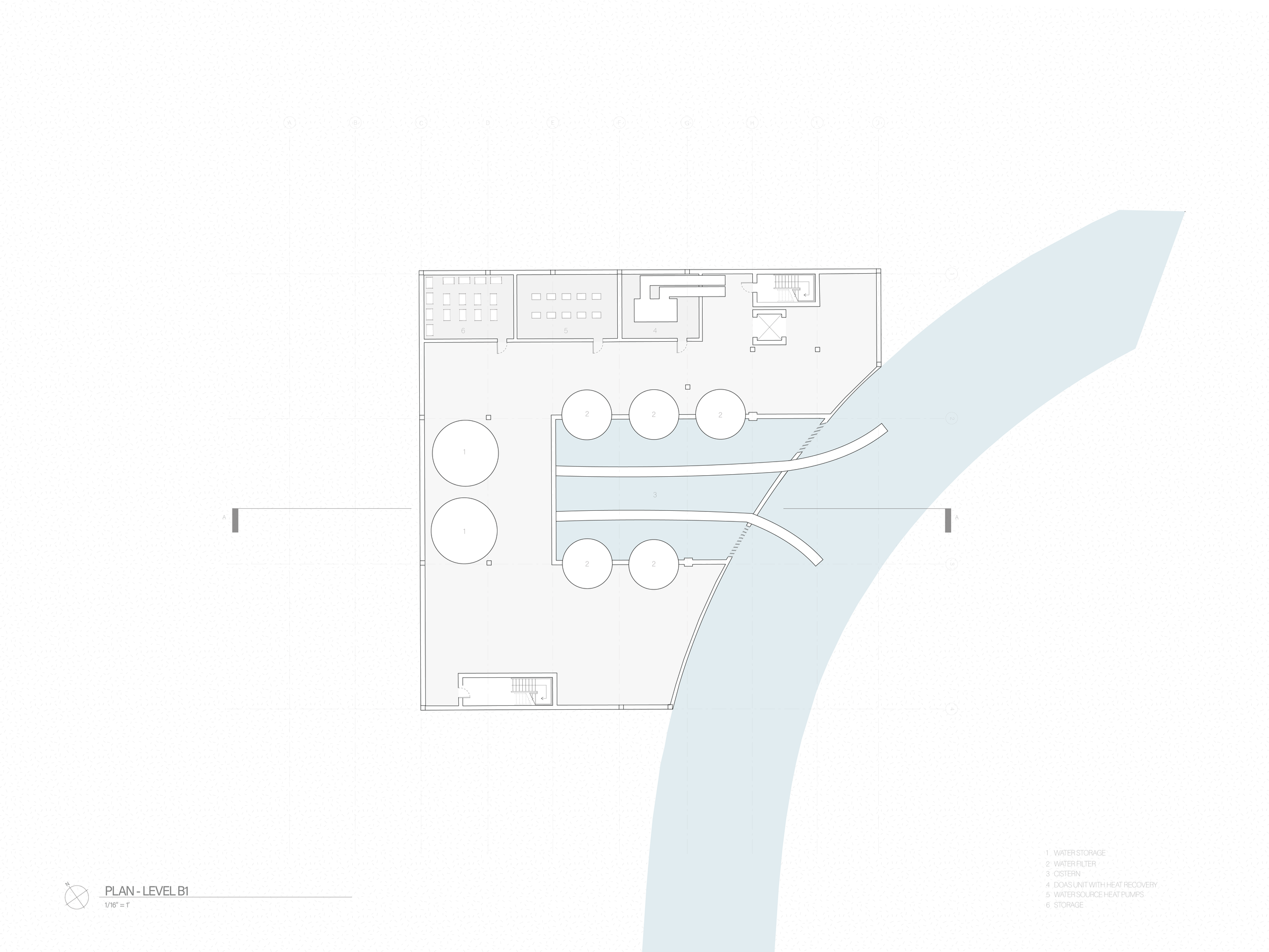 Basement Level 02:
A water treatment facility filters and stores water from First 
Creek, supplying the building and hemp production facility above. 