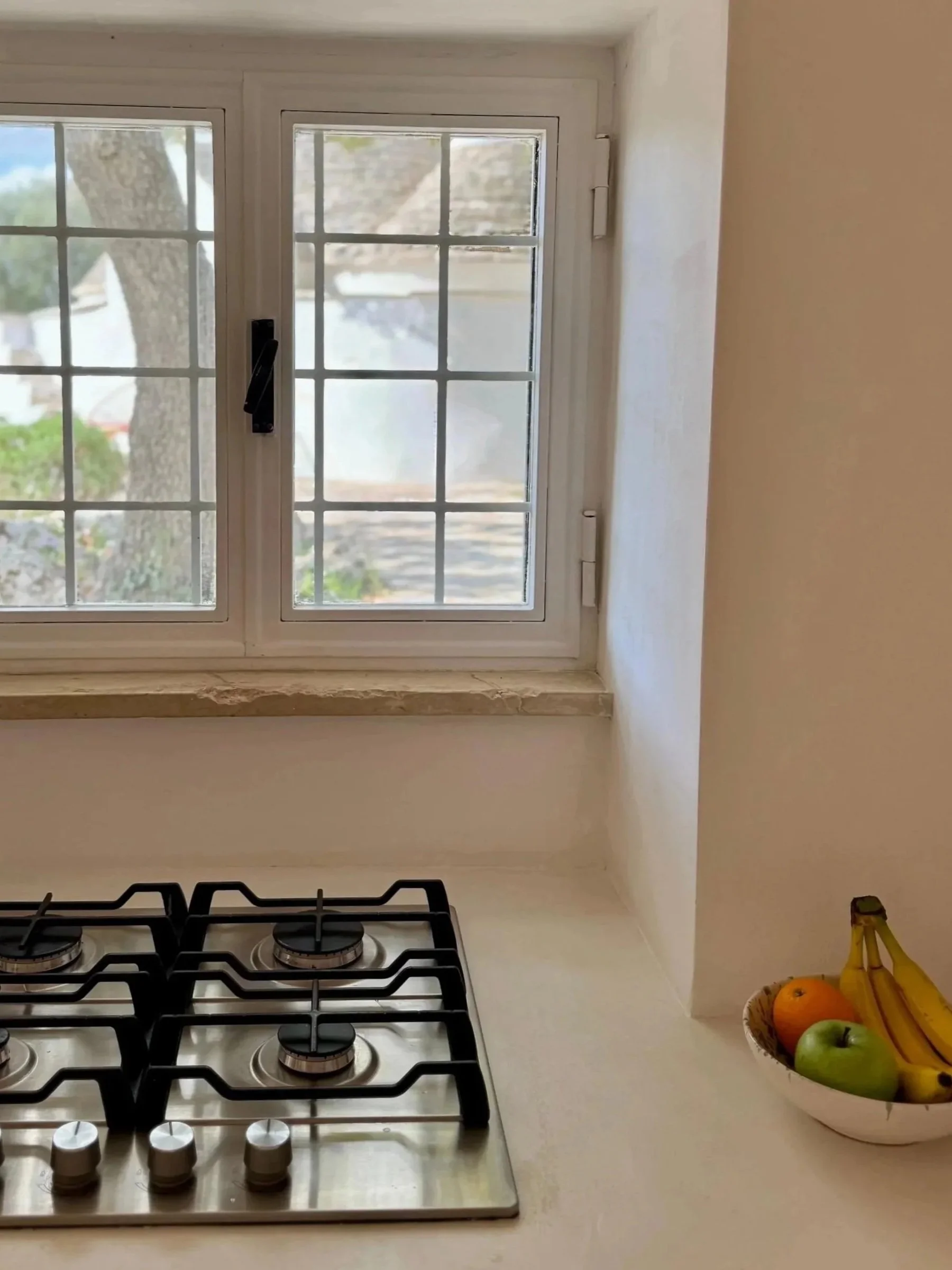 Keuken met een kookplaat en een kom met fruit, naast een raam met uitzicht op een boom en buitenruimte.