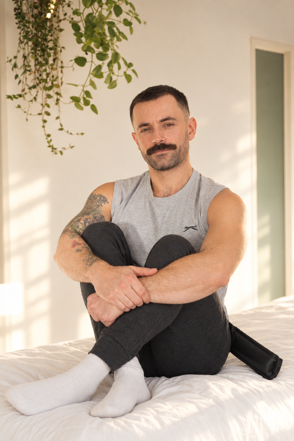 A man with a mustache and short dark hair sitting cross-legged on a bed, wearing a sleeveless gray shirt, black pants, and white socks. He is smiling slightly and has tattoos on his left arm. The room has white walls, some green plants hanging, and a door in the background.