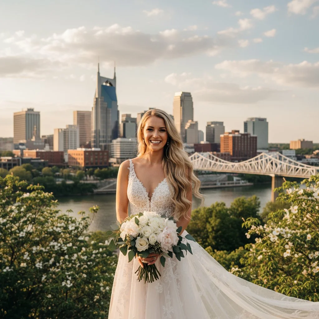 A smiling bride in a white wedding gown holding a bouquet of white flowers, standing outdoors with a city skyline, bridge, and river in the background during sunset.