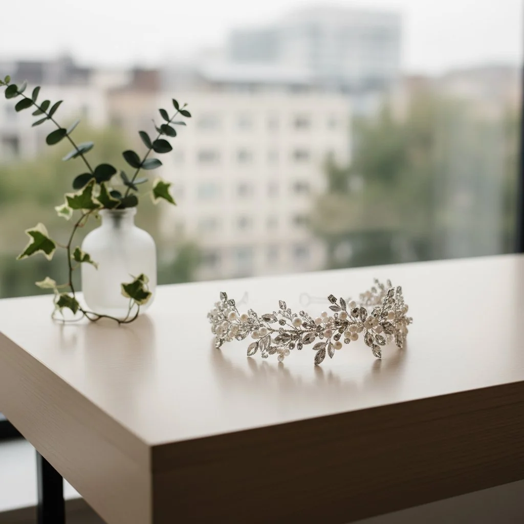 A decorative silver and pearl tiara rests on a white table, with a small vase containing green eucalyptus leaves in front of a blurred cityscape window.