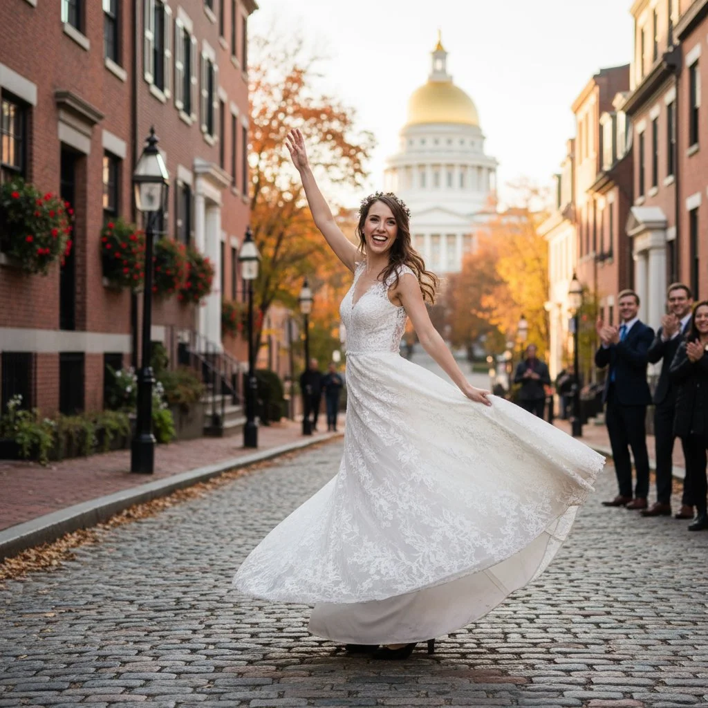 A woman in a white wedding dress spinning on a cobblestone street, with a historic building with a gold dome in the background, and people clapping nearby.