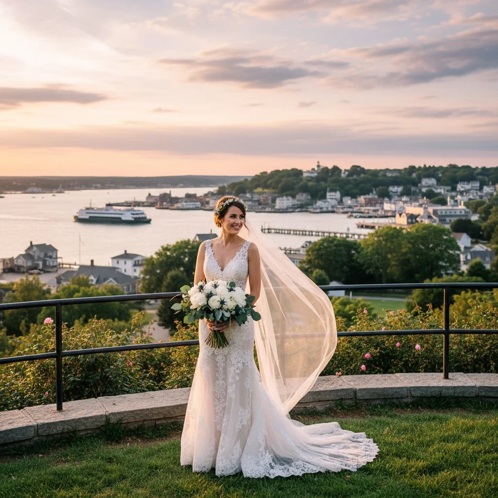 A bride in a white lace wedding gown holding a bouquet of white flowers and greenery, standing outdoors on a grassy area with colorful flowers, overlooking a harbor with boats and a town on a hillside during sunset.