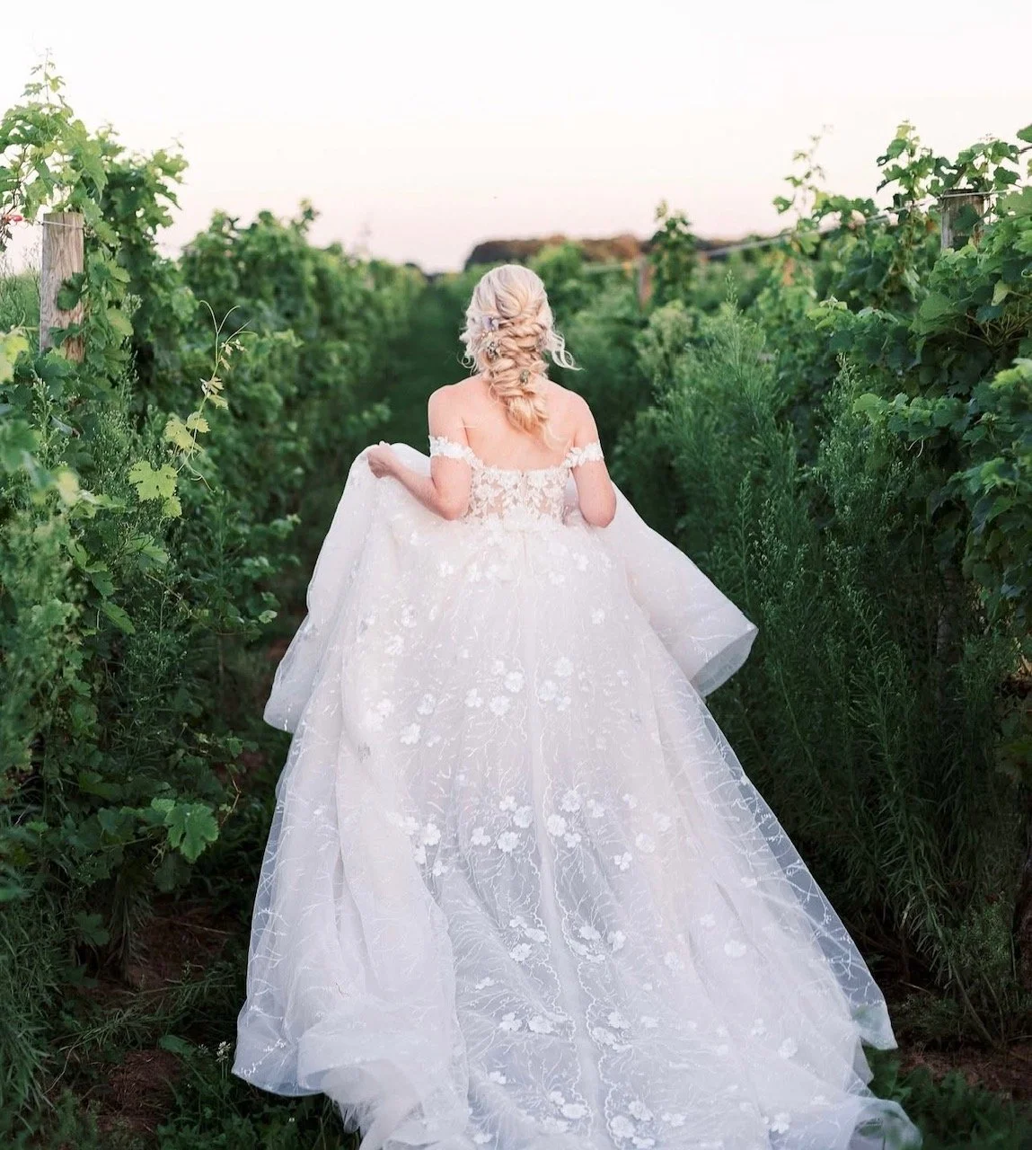 A woman in a wedding dress walking through a vineyard with lush green vines on either side.