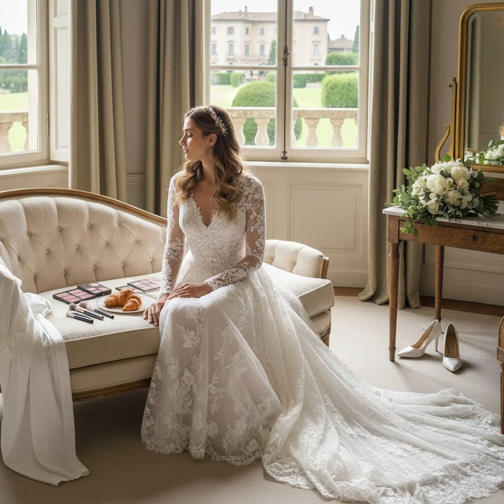 A bride sitting on a vintage cream-colored sofa, wearing a lace wedding gown, with makeup and hair done, in a bright room with large windows and a view of a garden. There are makeup items, croissants, white high heels, and a bouquet of white flowers nearby.