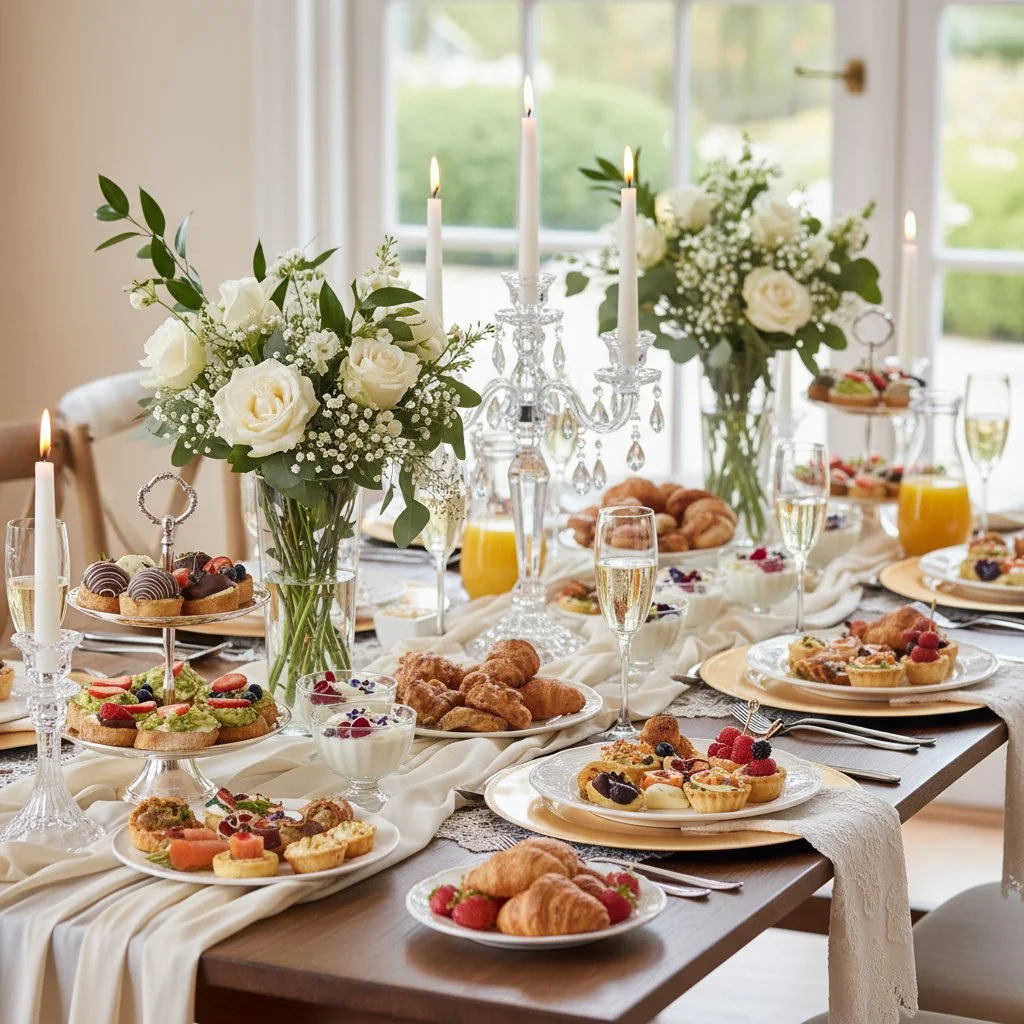 A beautifully set dining table with white floral centerpieces, lit candles, and an assortment of desserts and breakfast foods, including croissants, fruit tarts, cupcakes, and plates of strawberries and other berries, with glasses of champagne and orange juice in a bright room with large windows.