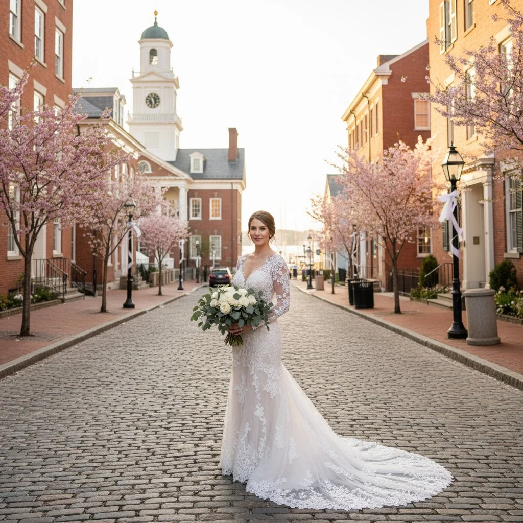 A bride in a lace wedding dress holding a bouquet of white flowers stands on a cobblestone street with pink blossoming trees and historic buildings, a church steeple visible in the background.