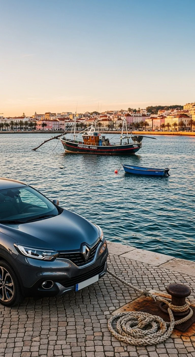 A black Renault car parked on a cobblestone pier next to the water, with boats floating on the water and a town with colorful buildings and palm trees in the background during sunset.