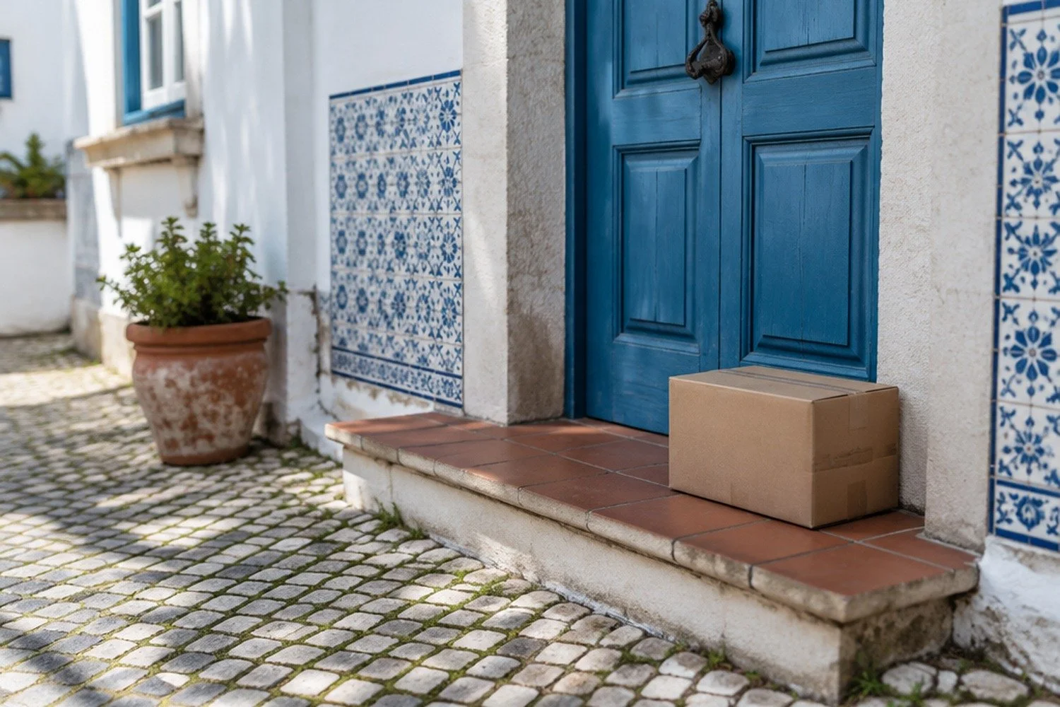 Plain parcel on a Portuguese doorstep showing how Amazon in Portugal delivery works.
