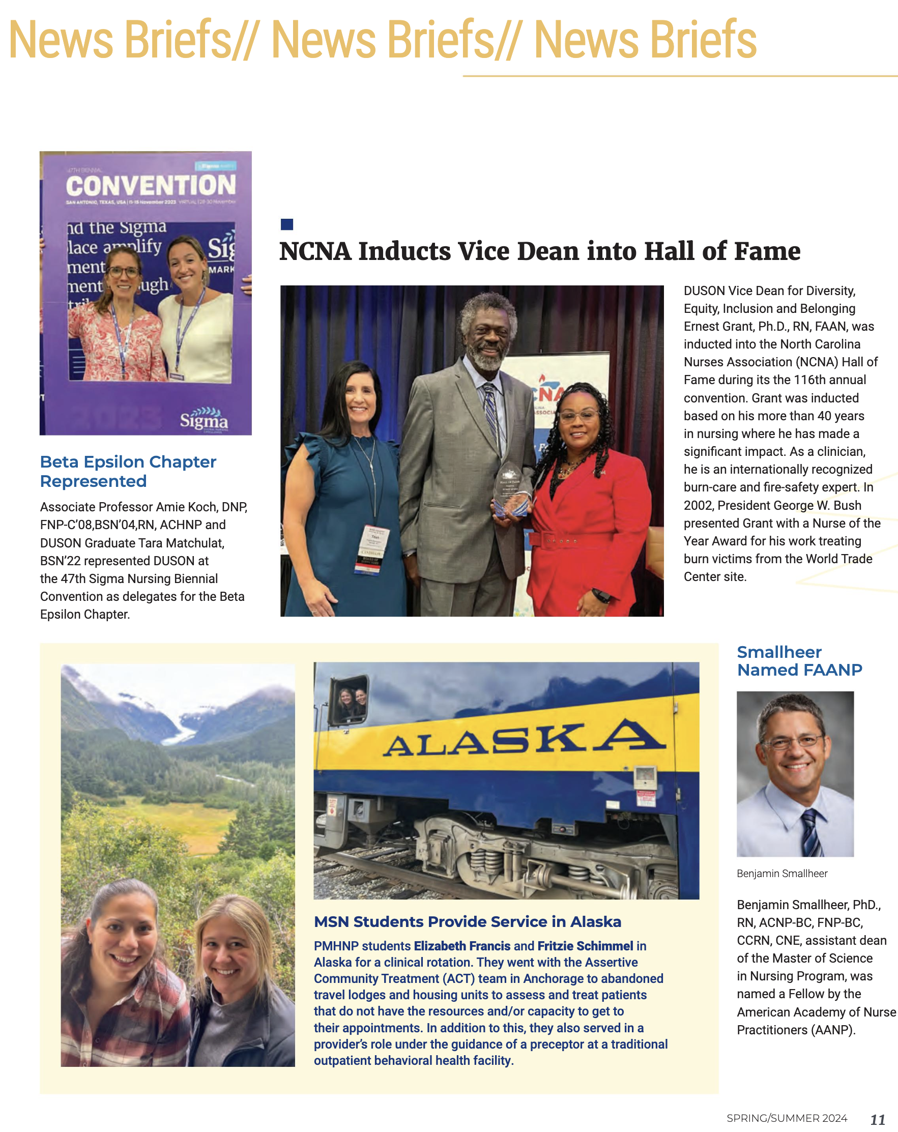 A newsletter page titled "News Briefs" with three news stories, including one with a photo of three people, one with a scenic landscape and train, and one with a headshot of a man, all related to professional and community achievements.