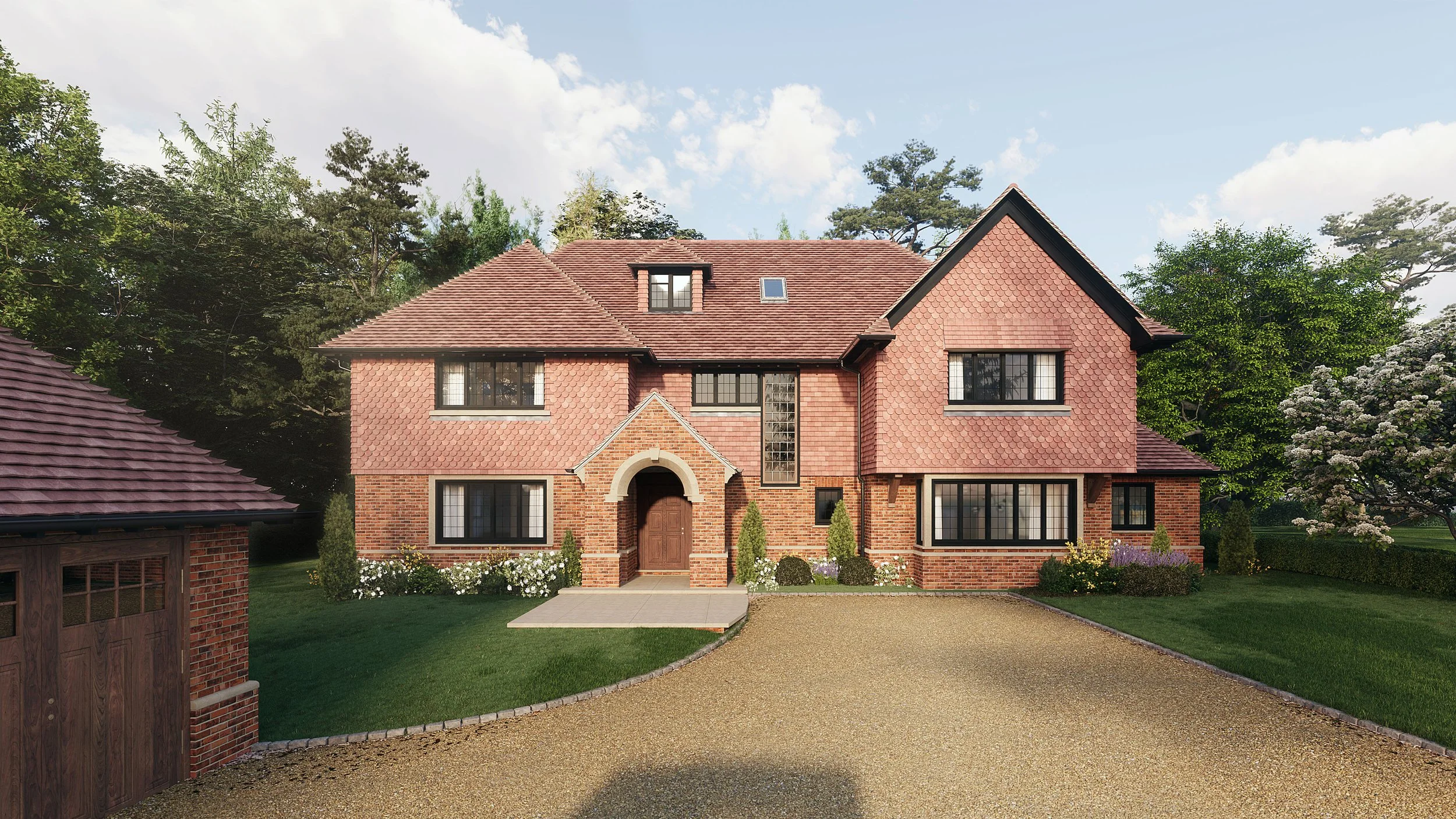 A large two-story brick house with a brown shingle roof, surrounded by green trees and a well-maintained lawn, with a curved gravel driveway in front.