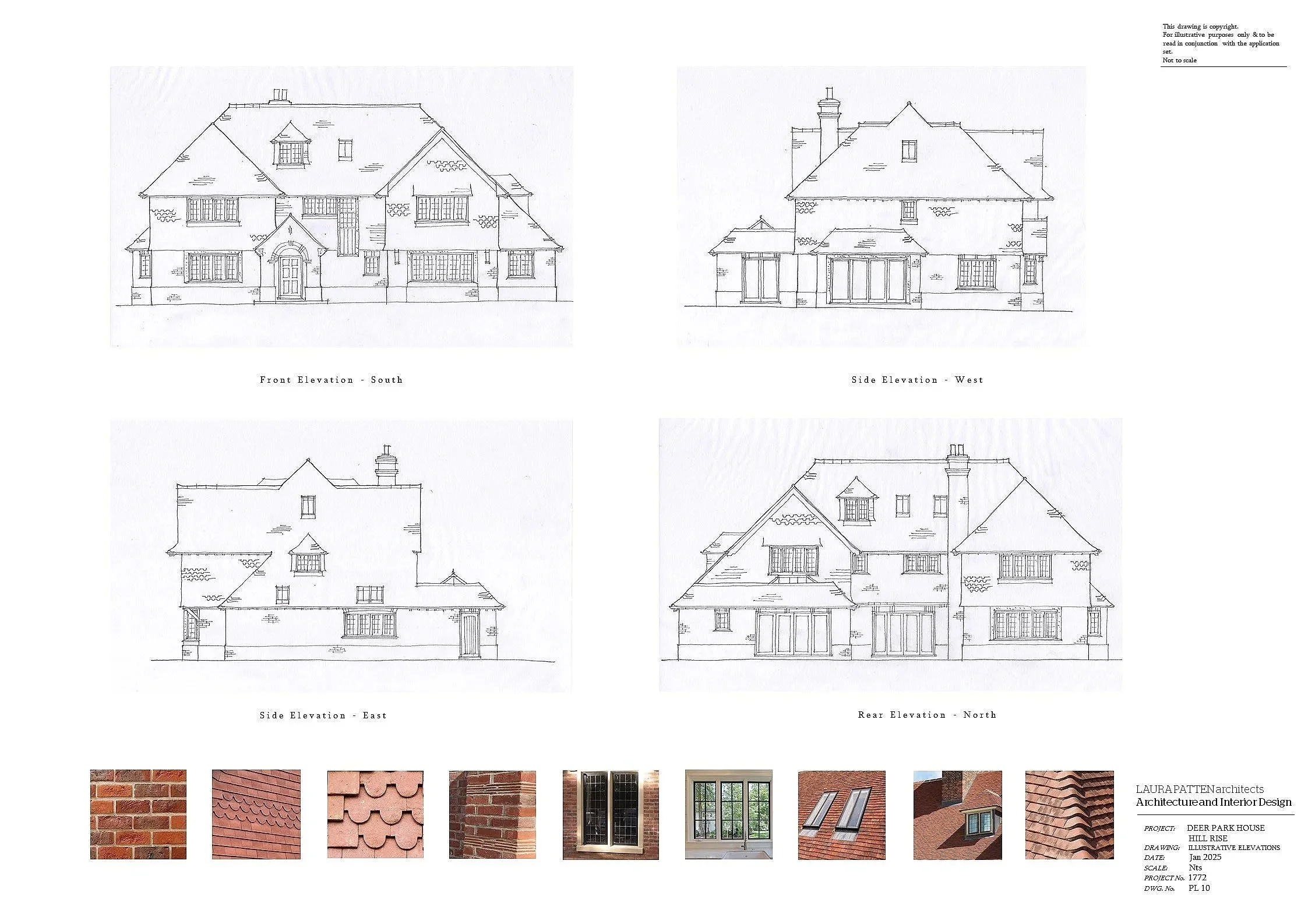 Architectural blueprint of a house showing front, side, and rear elevations. Contains detailed sketches of windows, doors, rooflines, and chimneys. Includes color and texture swatches for brick, roof shingles, and windows at the bottom.