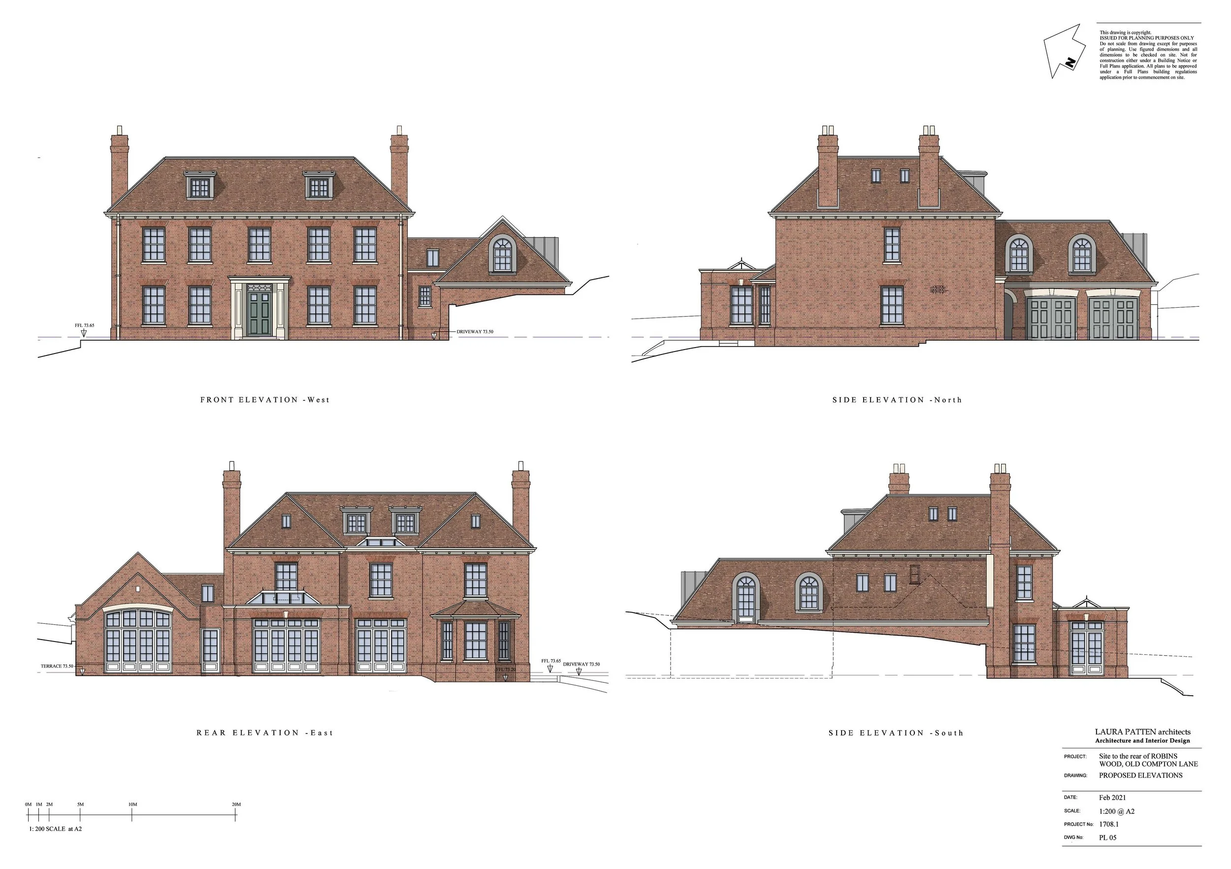 Architectural drawing showing proposed elevations of a large, historic brick house from four views: front west, side north, rear east, and side south, with dimensions and details.