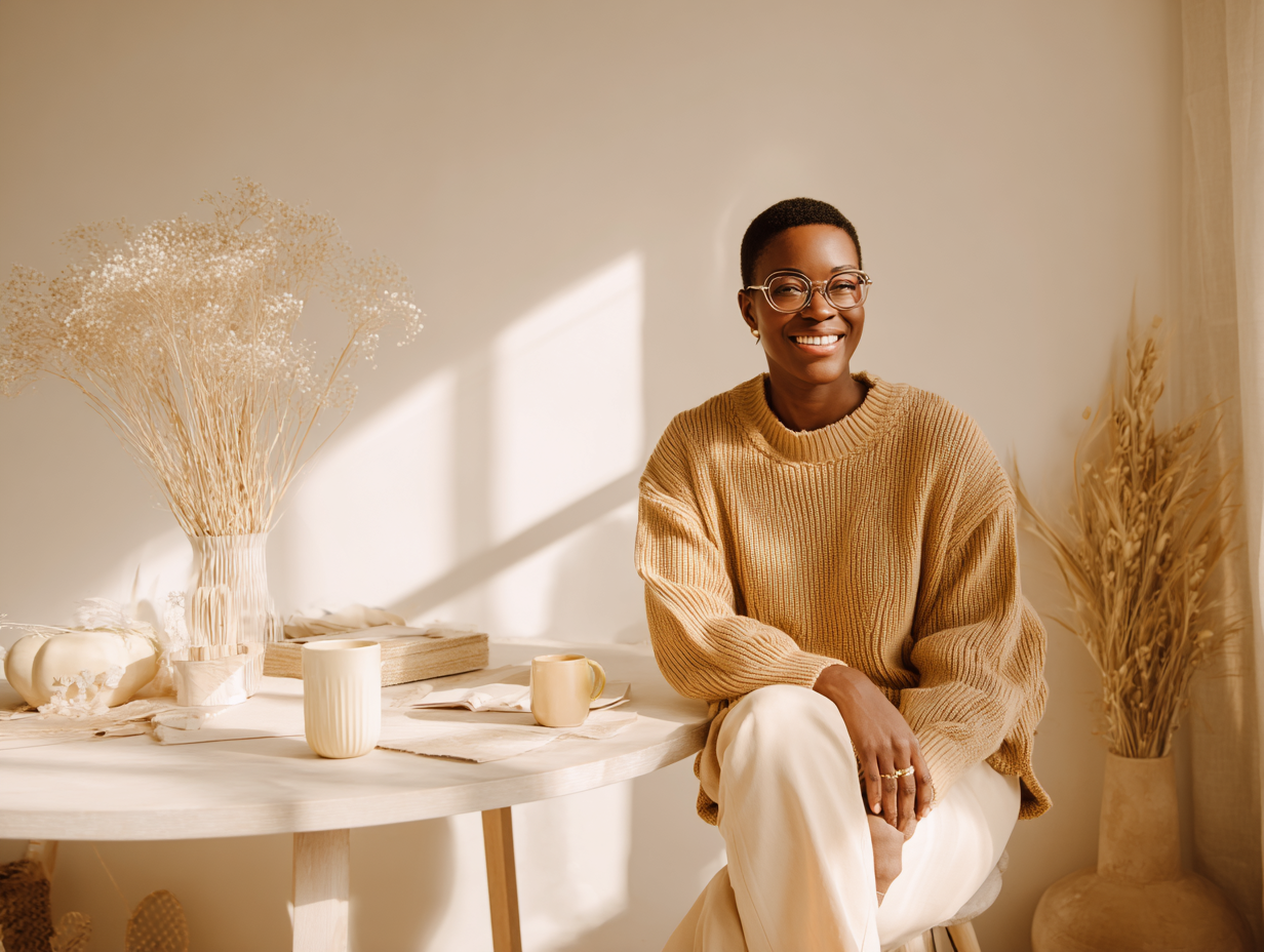 Een lachende vrouw met korte haar en bril zit op een witte stoel in een lichte kamer met beige tinten. Naast haar staat een tafel met keramieken vazen en bekers, en er is een grote vaas met gedroogde bloemen op de achtergrond.
