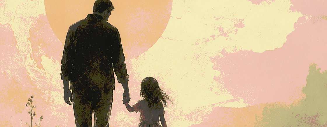 Silhouette of a father and daughter holding hands while walking on a path with a pink and orange abstract background.