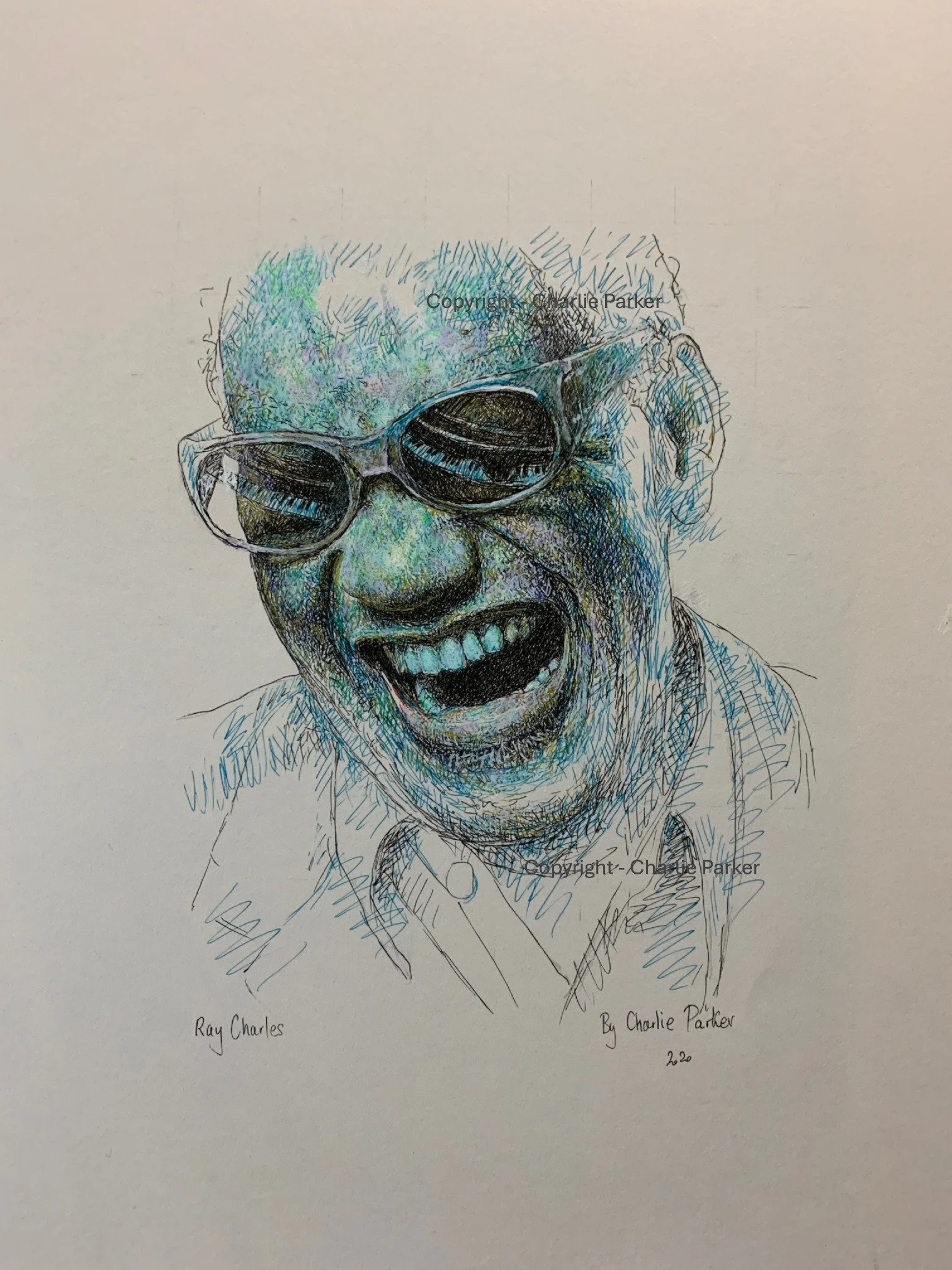435. Ray Charles, 2020, Ink. Dimensions - 16cm x 22cm. For Sale.