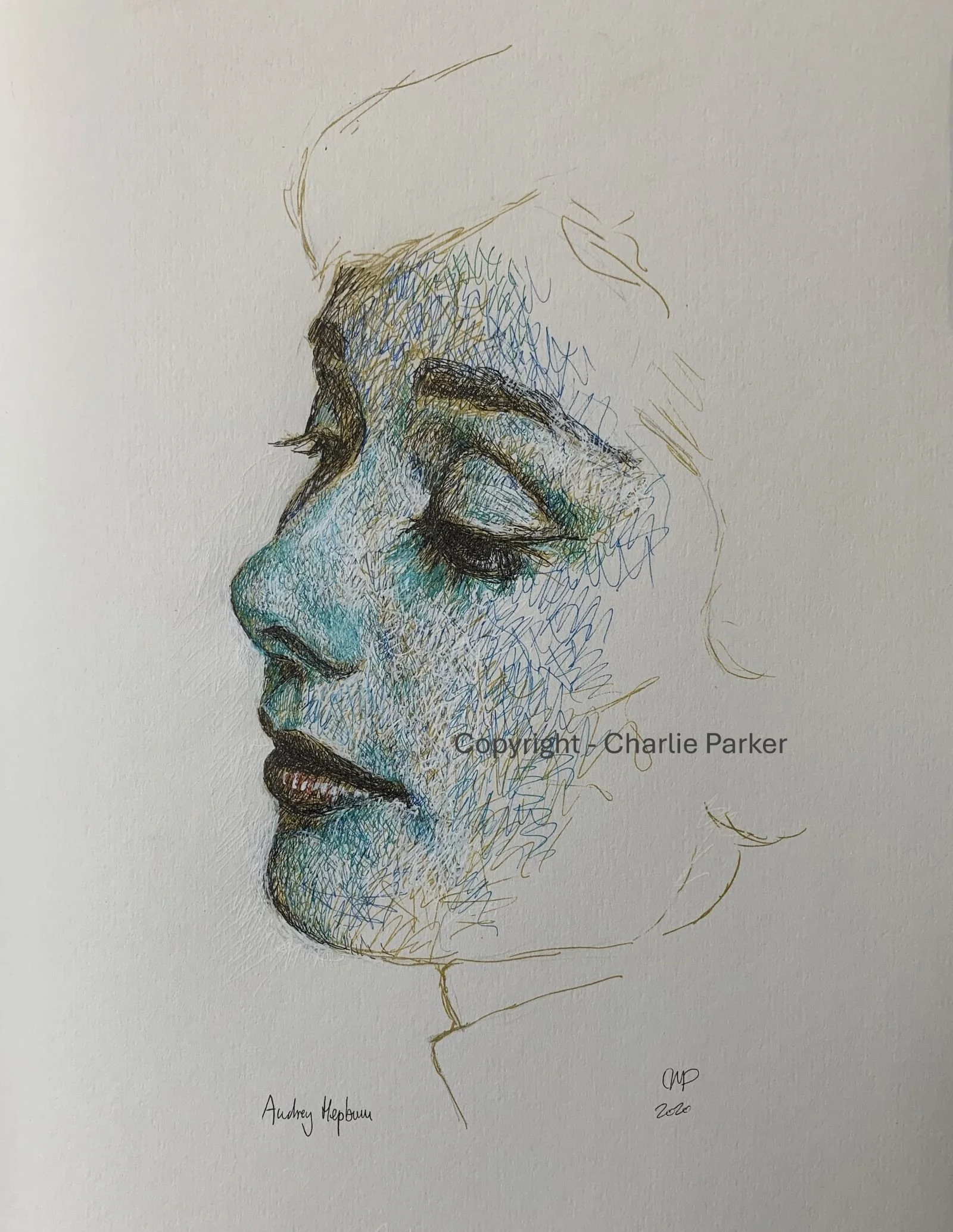 466. 'Audrey Hepburn', 2020, Ink. Dimensions - 23cm x 30cm. Sold.