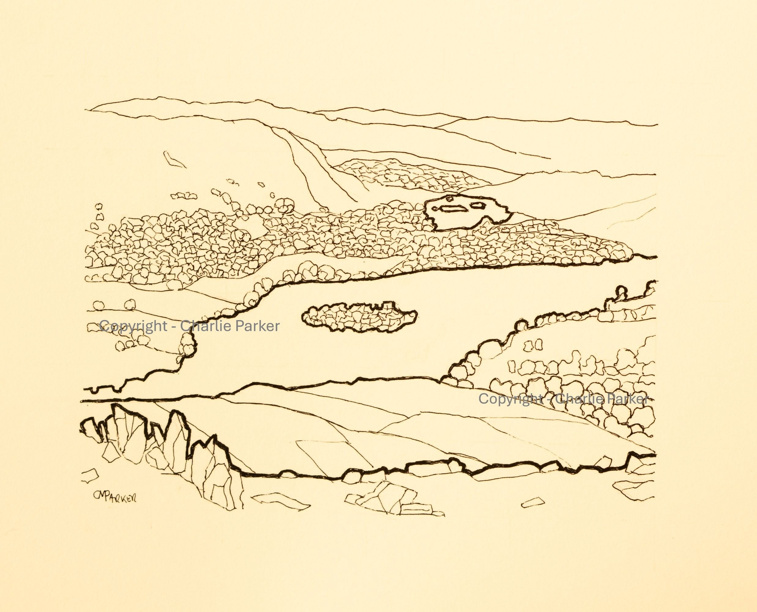 223. Grasmere and Rydal Water. 2024, Ink. Dimensions - 16cm x 12cm. For Sale.