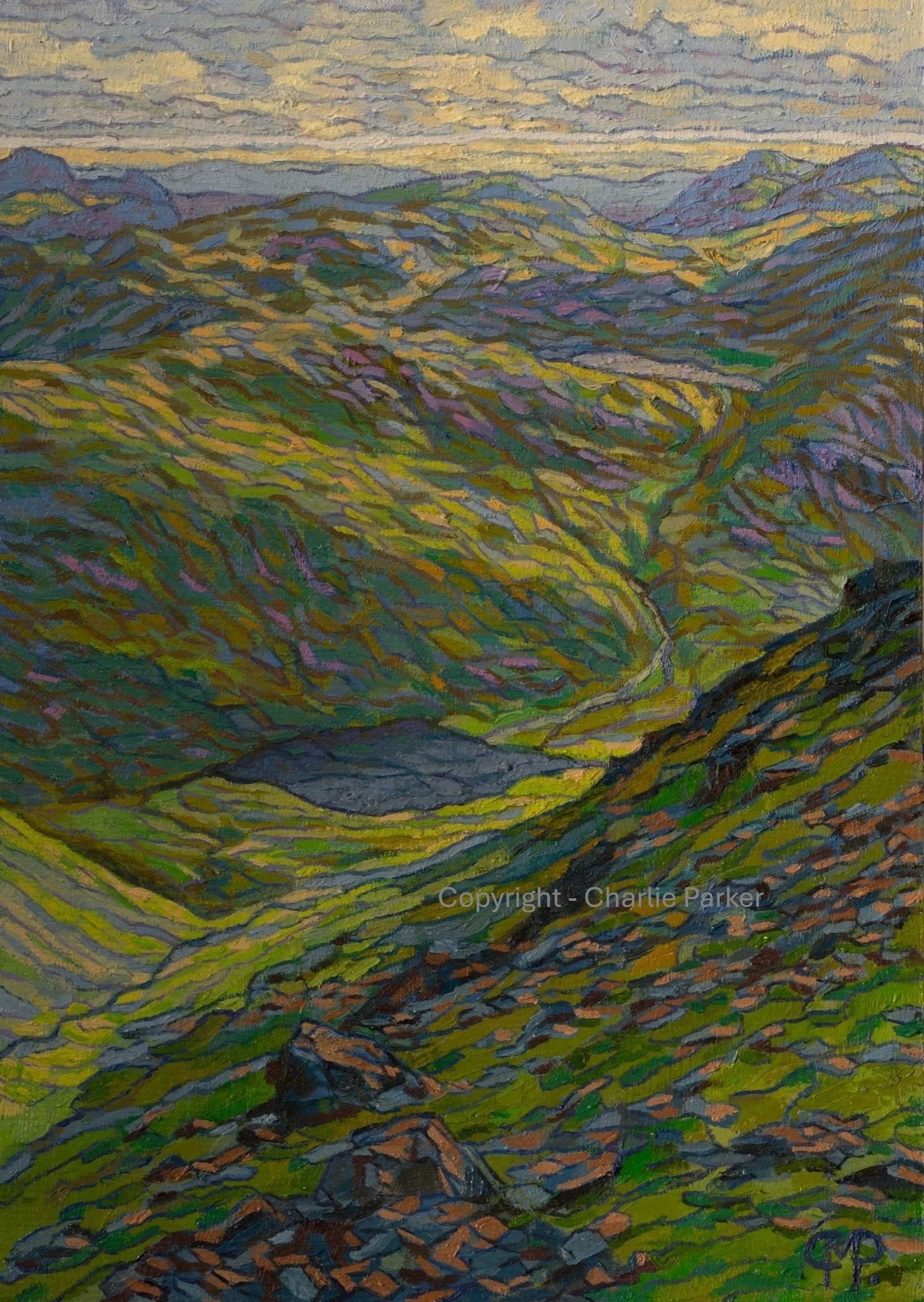 46. Styhead Tarn, Sprinkling Tarn, from Great Gable. 2023, Oils. Dimensions - 23cm x 30cm. For Sale.