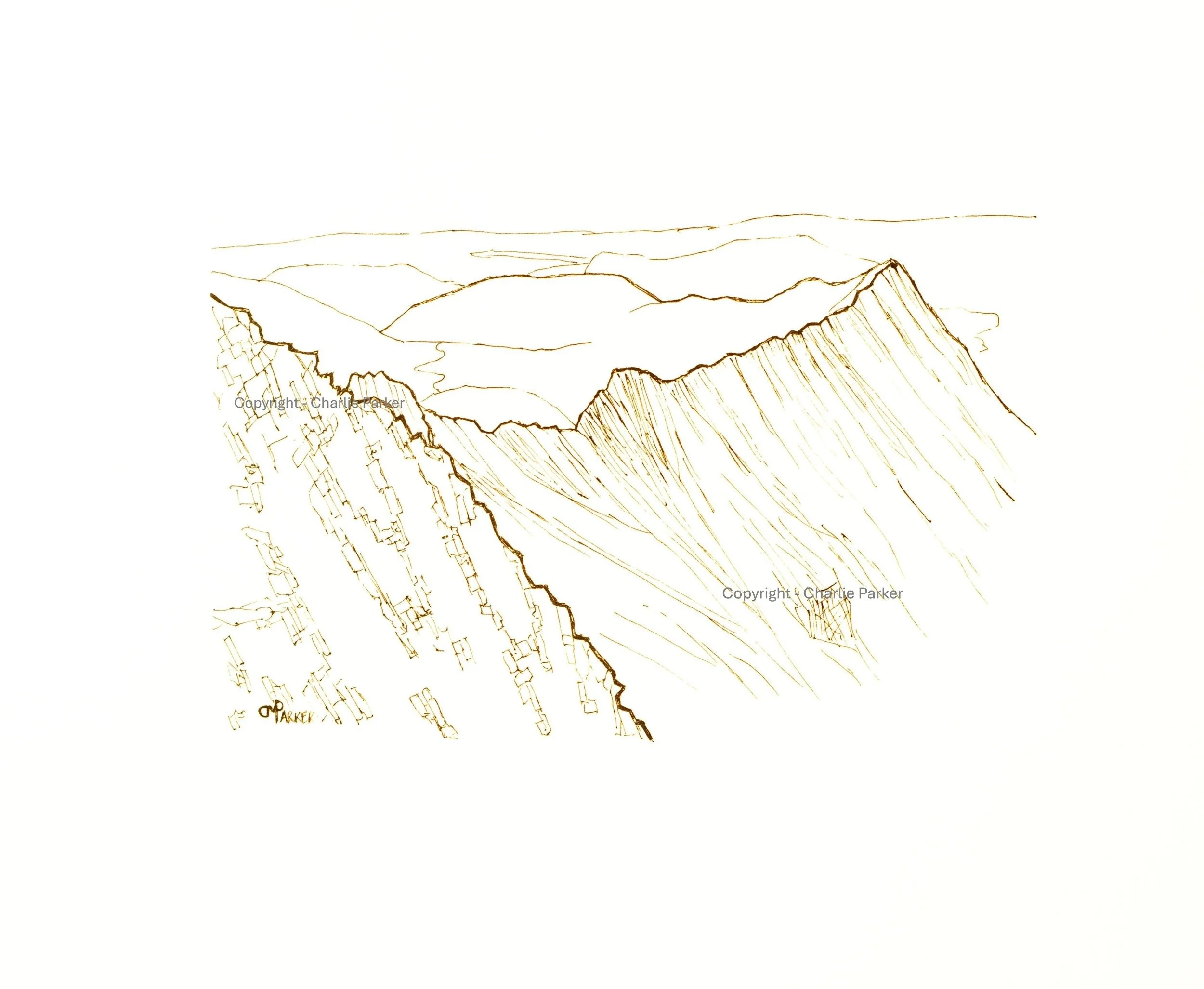 208. Striding Edge from Hellvelyn II. 2025, Ink. Dimensions - 16cm x 12cm. For Sale.
