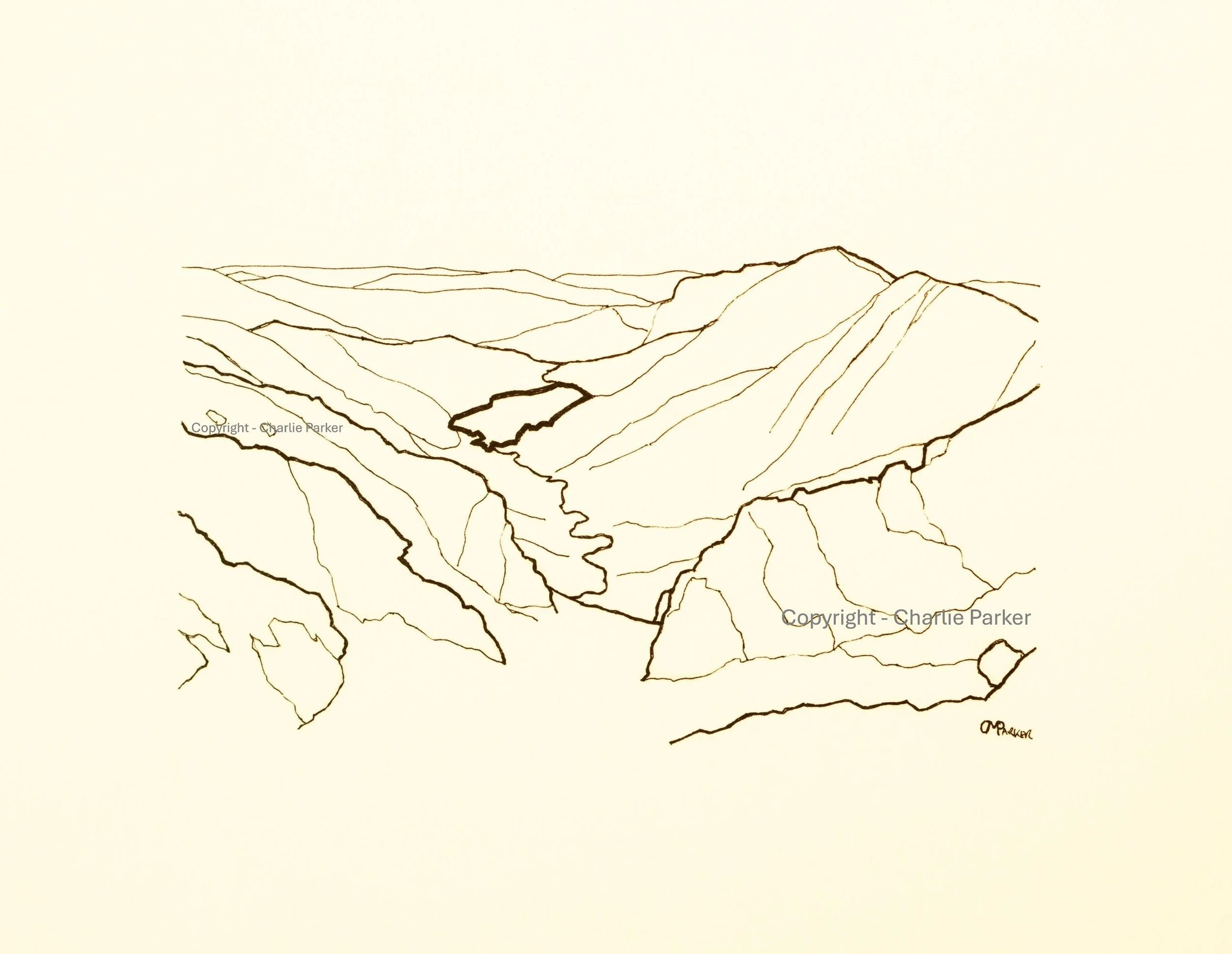 213. Kentmere Horseshoe. 2023, Ink. Dimensions - 16cm x 12cm. For Sale.